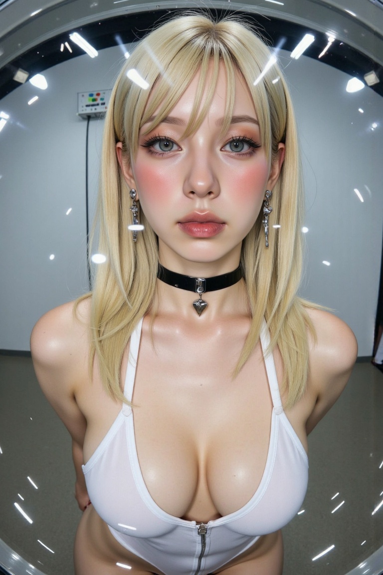 blonde woman photographed with a fish-eye lens,  wearing a white bodysuit and a black choker necklace around her neck. she...