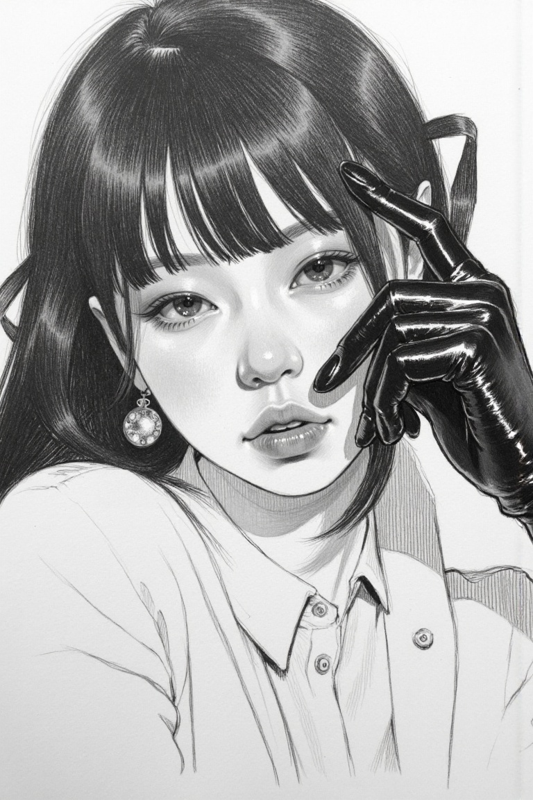 Hyperrealistic black and white pencil sketch masterpiece of a beautiful young East Asian woman (early 20s),  extreme close...