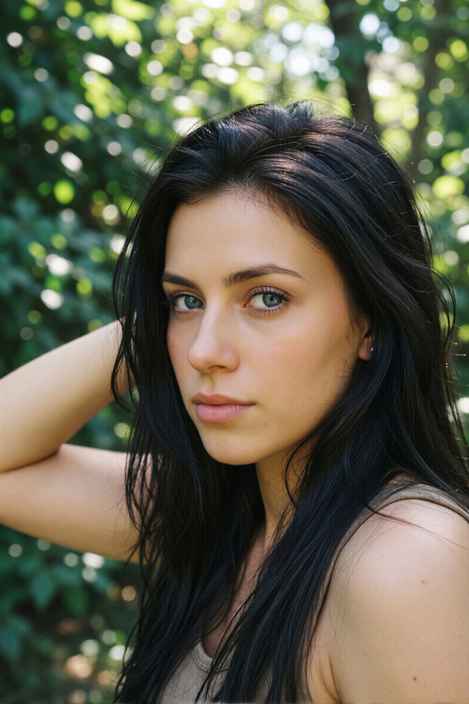 A photograph of a woman with long dark hair and piercing blue eyes. She stands outdoors,  surrounded by lush greenery. Her...