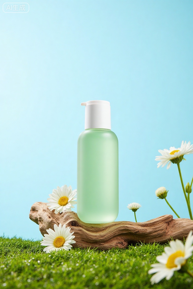 Masterpiece commercial product photography,photorealistic. A tube of skincare cleansing gel stands in the center on a piece of driftwood placed on green moss. The packaging is white on top and transparent on the bottom,revealing light green gel. It is surrounded by blooming white daisies. The background is a clean,light-blue sky. Low-angle close-up shot,with bright and soft lighting simulating natural daylight,creating a fresh,pure,and natural atmosphere. Extreme detail,8K resolution,with a soft depth of field effect.,