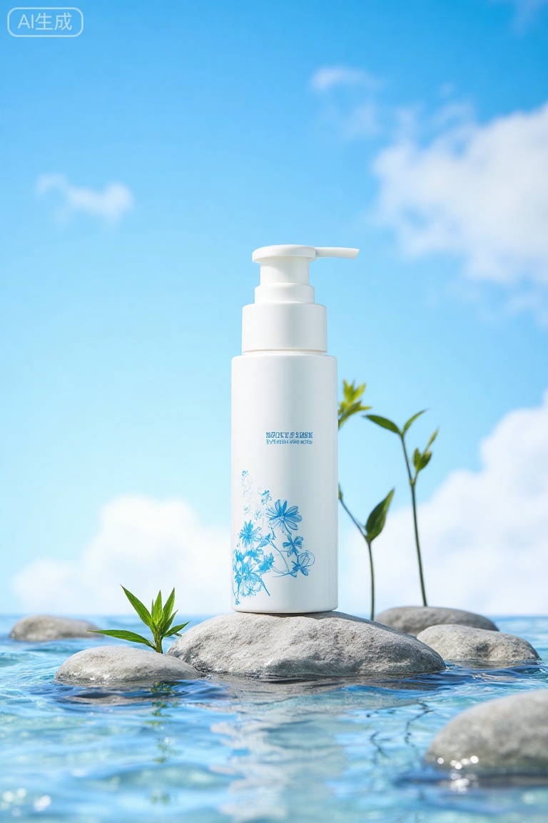 The picture shows a bottle of white skin care products with a pressure pump head. The bottle body is printed with blue flower pattern and text logo. It is placed at a water-like place,surrounded by gray-white rocks and a few green plants,with blue sky and white clouds in the background. The overall picture creates a natural and fresh atmosphere.,