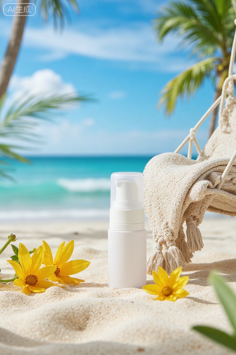 Product photography,The white U-WINE sunscreen (with a frosted bottle) is placed on a macrame swing on the beach,with a beige tasseled macrame blanket hanging from the swing. The swing is at a 30-degree angle. Next to it are yellow daisies and palm leaves.,The background is layered,with blurred palm leaves in the foreground,blue sea and white waves in the midground,and blue sky and white clouds in the background. The composition uses a 1:1 central focus,with the sunscreen occupying 60% of the frame. The color ratio is: main color white 60% + sea blue 25% + plant green 10% + bright yellow 5%. The sunlight creates highlights on the bottle.,