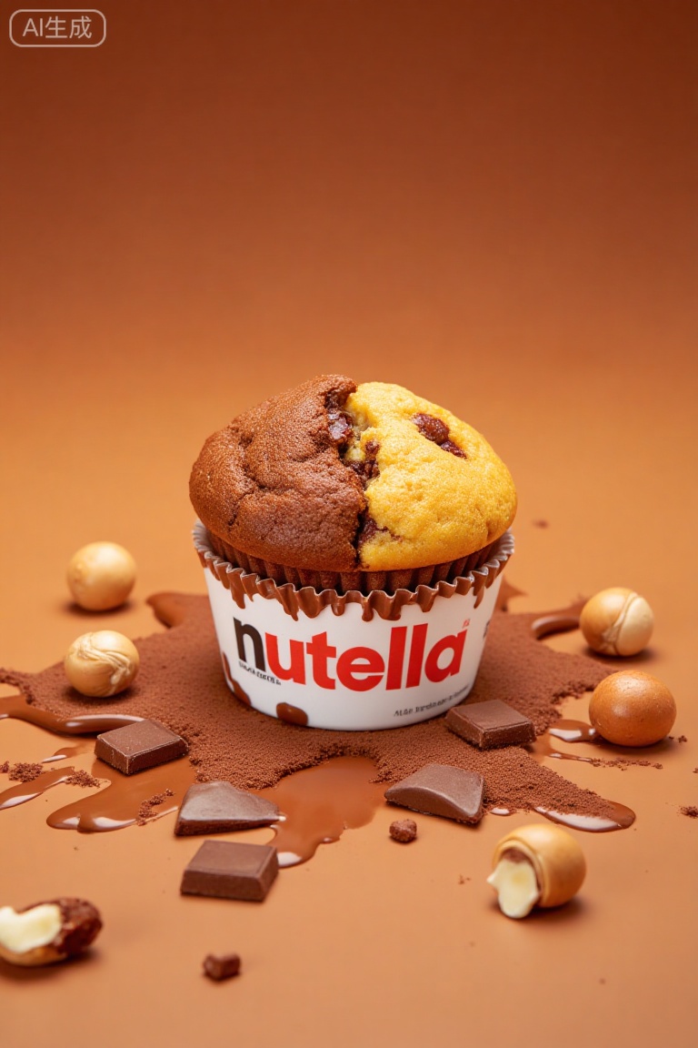 lyx Creative food, Photograph of a Nutella-filled muffin, splattered with chocolate and Nutella, surrounded by chocolate chunks and hazelnuts on a rich brown background. The muffin is in a white and brown wrapper with the Nutella logo. The image has a glossy, high-contrast finish, emphasizing the textures and colors of the chocolate and muffin. 