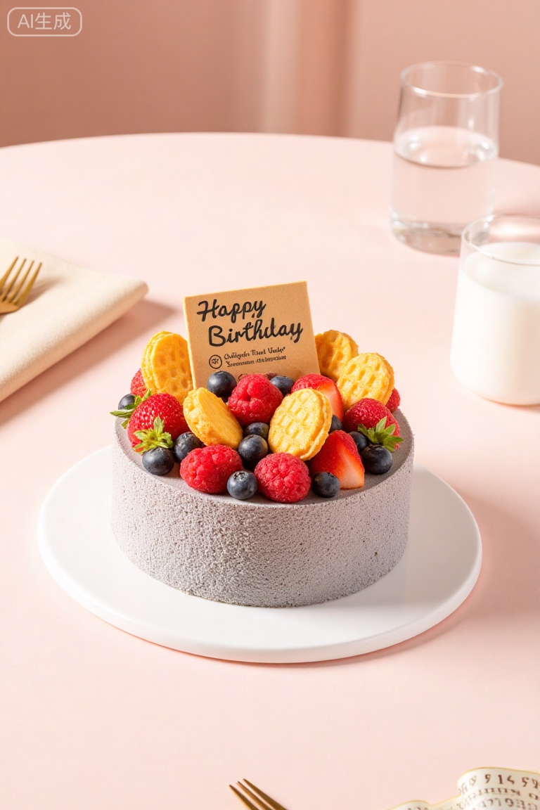 This is a photograph of a birthday cake on a round table with a pink tablecloth. The cake has a gray, crumbly texture, resembling a cheesecake or mousse. It is topped with an assortment of fresh fruits, including strawberries, blueberries, and raspberries, as well as golden waffle cookies and a small, brown, rectangular sign with "Happy Birthday" written in black ink. The cake is placed on a white square plate, and there is a clear glass and a white cup in the background. The table setting includes a beige napkin and a decorative ribbon. The overall scene is bright and festive.