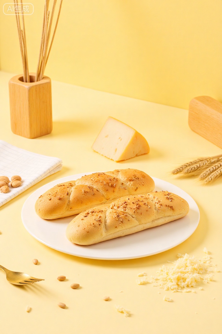 mianbao1,A photograph of two golden-brown,sesame seed-topped baguettes on a white plate,placed on a light yellow surface. Surrounding the plate are whole wheat grains,shredded cheese,and a wedge of cheese,with wheat stalks in the background. The image is brightly lit,emphasizing the textures and colors of the food.,