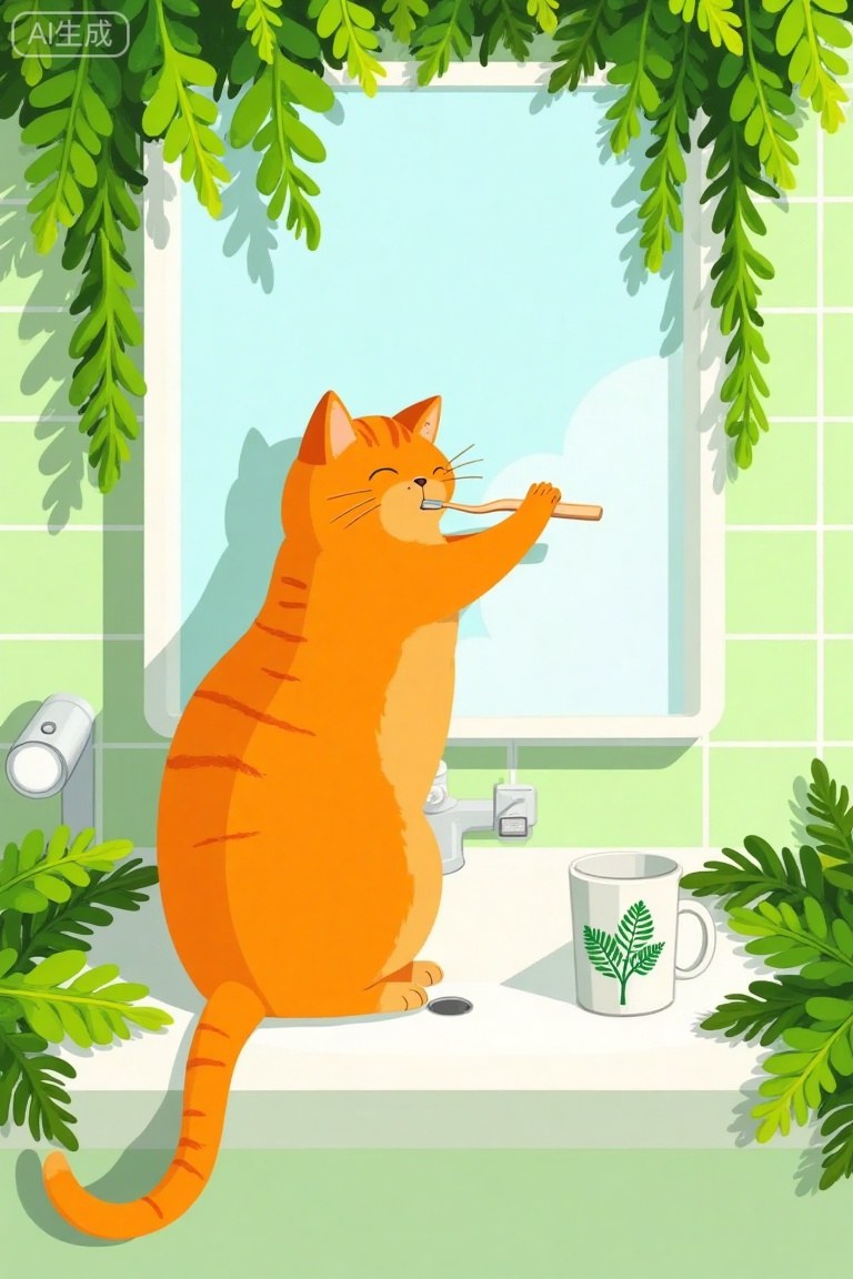 cat,illustration,this is a digital illustration in a whimsical, cartoon style, it depicts a large, orange tabby cat with a round face and closed eyes, brushing its teeth at a white sink, the sink is surrounded by lush green ferns, which also hang from the mirror above and cascade down the wall tiles, the bathroom has a light green tiled wall, and a showerhead is visible on the left, a white cup with a green fern design sits on the sinks right, the cats fur is detailed with dark orange stripes, and it stands on its hind legs, creating a charming and humorous scene