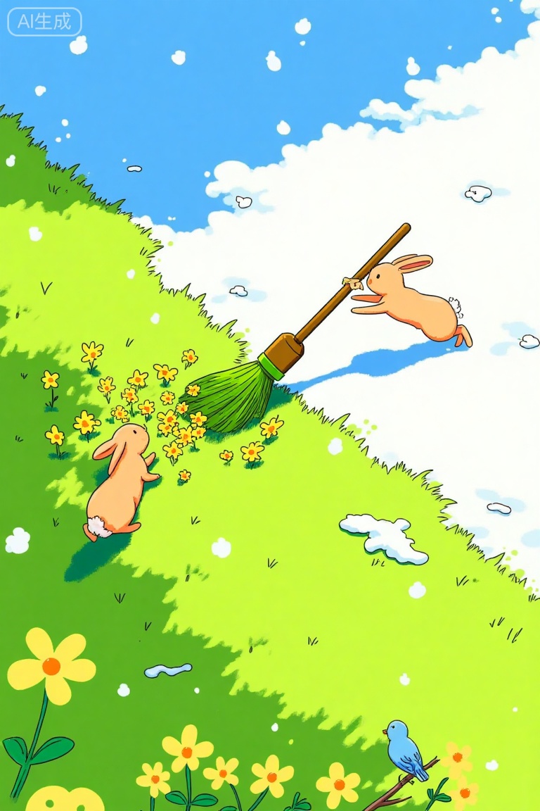 illustration,There are no characters in the picture, there are two light brown rabbits, one jumping towards the grass covered in yellow flowers swept out by a giant green broom, with a lively posture; The other one is in the snow and seems to be moving towards the grassland. The light and shadow are soft and bright, giving a warm feeling. The white snow in the background contrasts sharply with the emerald green grassland and yellow flowers. There is also a blue bird perched on a branch, creating a magical atmosphere full of childlike fun and vitality, as if entering a fairy tale like world.