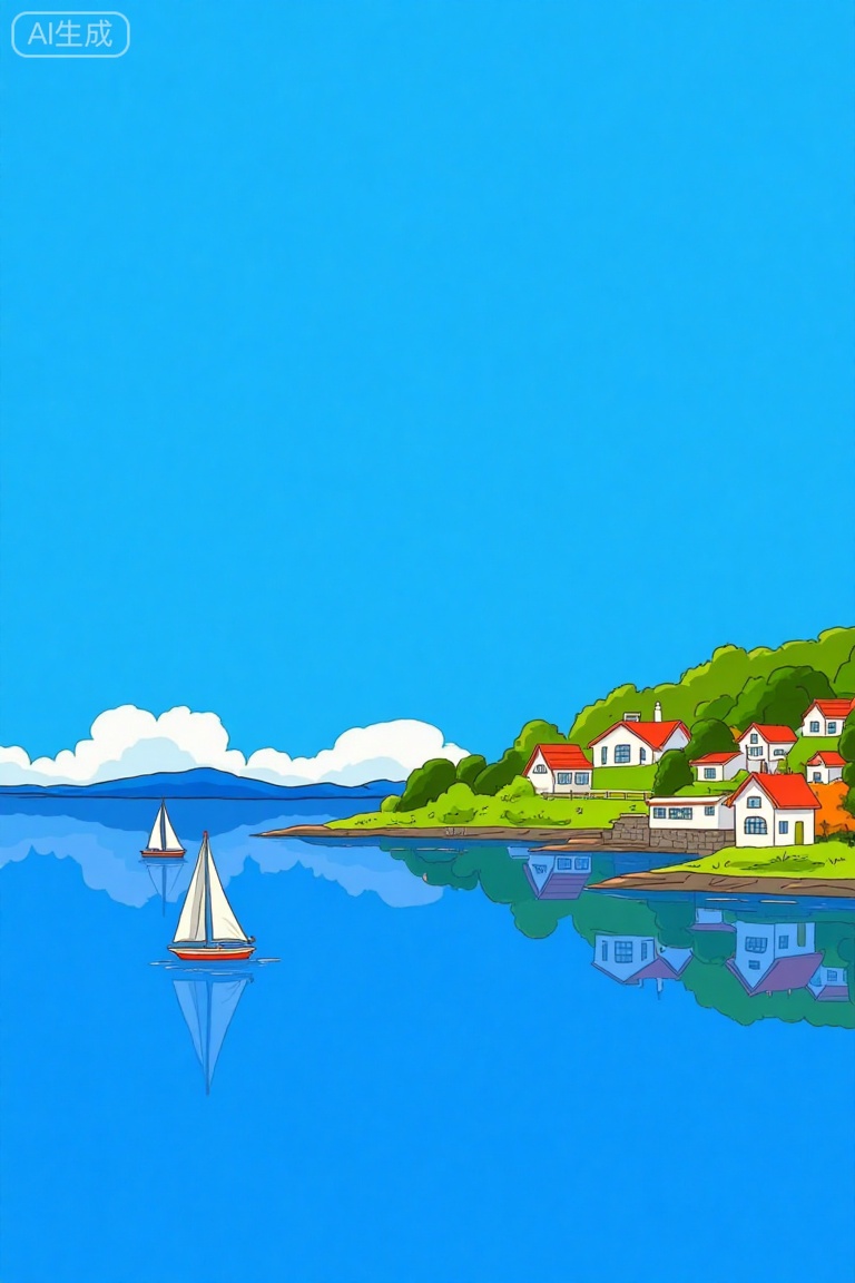 A digital illustration depicts a serene coastal village with white and red-roofed houses on a lush green hillside, reflecting in calm blue waters. Two small sailboats with white sails glide on the water. The background features distant blue mountains under a clear, bright blue sky. The scene exudes tranquility and idyllic charm. 