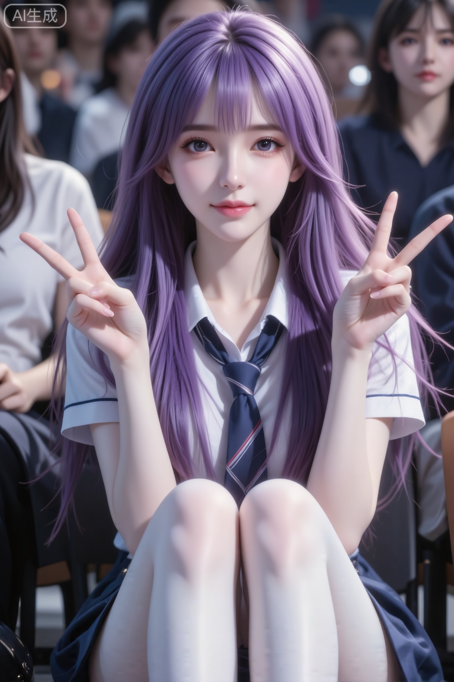 杰作级画质,顶级图像精度,超高清细节渲染,单人女性角色,（紫色亮丽的长发：1.4）,（比例优越的纤细长腿：1.3）,（肌肤白皙光滑的匀称美腿：1.4）,（挺拔饱满的D 罩杯曲线：1.4）,（精致立体的美颜五官：1.4）,美颜全开,光滑油亮的皮肤,水嫩的肌肤,一个女孩,紫色头发,田蜜,
随手一拍,画面有微微颗粒感,苹果手机拍摄风格,学校艺术节晚会日常场景,画面主体是一个漂亮非常白皙的少女,少女很瘦气质很好,腰线弧度比例完美,少女正看镜头,少女比耶坐在观众席,少女穿着短袖校服,构图随意,充满生活气息的快照风格。（电影级面光：1.6）,（光线追踪：1.5）,（冷白皮漫感质感的光滑皮肤：1.7）,（人物有最好的骨相：1.2）,（网感脸：1.6）,身材完美,莫兰迪配色,高颜值网红,INS风,幼态脸,19岁女生尖下巴,三庭五眼比例均衡,身材娇小,细腻陶瓷水嫩肌肤,偏冷白皮,随机的妆容,随机的饰品,随机的动作,侧光,发丝轻飘,凌乱,随机角度拍摄,总体有很多的不确定性,但又好看, 风格甜美少女系,氛围慵懒俏皮,东方美女,黑长直,年轻娇小,发丝呈现出自然的蓬松感与垂坠感,长发散落于肩头两侧,几缕发丝拂面,冷白皮气质美女,薇薇纯欲风,皮肤白皙,偶像气质,fairskin,气质的江南美女子,有点甜美,皮肤美白透亮,表情可爱,甜美氛围,细腻笔触,独特韵味的美,可爱表情,傲人身材,D cup,美颜全开,光滑雪白水嫩的皮肤
