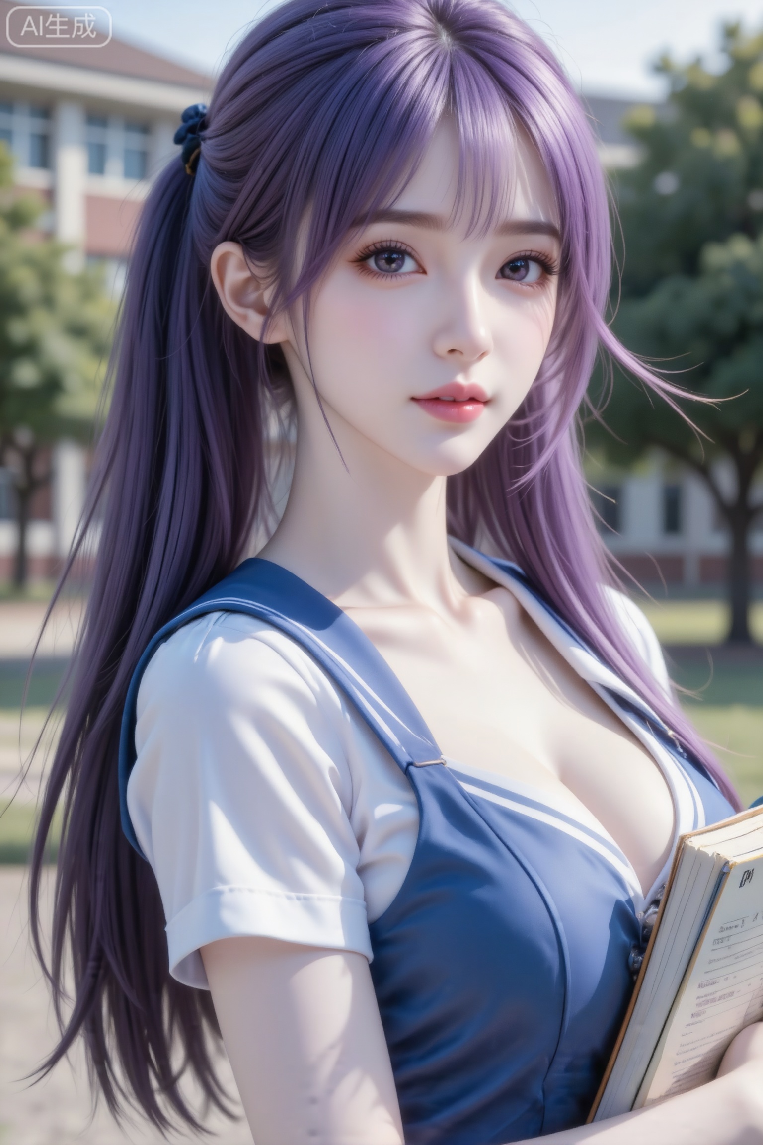 杰作级画质,顶级图像精度,超高清细节渲染,单人女性角色,（紫色亮丽的长发：1.4）,（比例优越的纤细长腿：1.3）,（肌肤白皙光滑的匀称美腿：1.4）,（挺拔饱满的D 罩杯曲线：1.4）,（精致立体的美颜五官：1.4）,美颜全开,光滑油亮的皮肤,水嫩的肌肤,一个女孩,紫色头发,田蜜,
画面中是一个超级白、冷白皮,超级骨感瘦带有清冷感的漂亮少女,她梳着低马尾,穿着蓝白短袖校服,凸显完美s曲线身材,抱着书本,在校园林荫树下,正面上半身特写镜头拍摄,看镜头。（电影级面光：1.6）,（光线追踪：1.5）,（冷白皮漫感质感的光滑皮肤：1.7）,（人物有最好的骨相：1.2）,（网感脸：1.6）,（网感妆：1.6）身材完美,莫兰迪配色,高颜值网红,INS风,幼态脸,19岁女生尖下巴,三庭五眼比例均衡,身材娇小,细腻陶瓷水嫩肌肤,偏冷白皮,随机的妆容,随机的饰品,随机的动作,侧光,发丝轻飘,凌乱,随机角度拍摄,总体有很多的不确定性,但又好看, 风格甜美少女系,氛围慵懒俏皮,东方美女,黑长直,年轻娇小,发丝呈现出自然的蓬松感与垂坠感,长发散落于肩头两侧,几缕发丝拂面,冷白皮气质美女,纯欲风,皮肤白皙,偶像气质,fairskin,气质的江南美女子,有点甜美,皮肤美白透亮,表情可爱,甜美氛围,细腻笔触,独特韵味的美,可爱表情,傲人身材,D cup,美颜全开,光滑雪白水嫩的皮肤