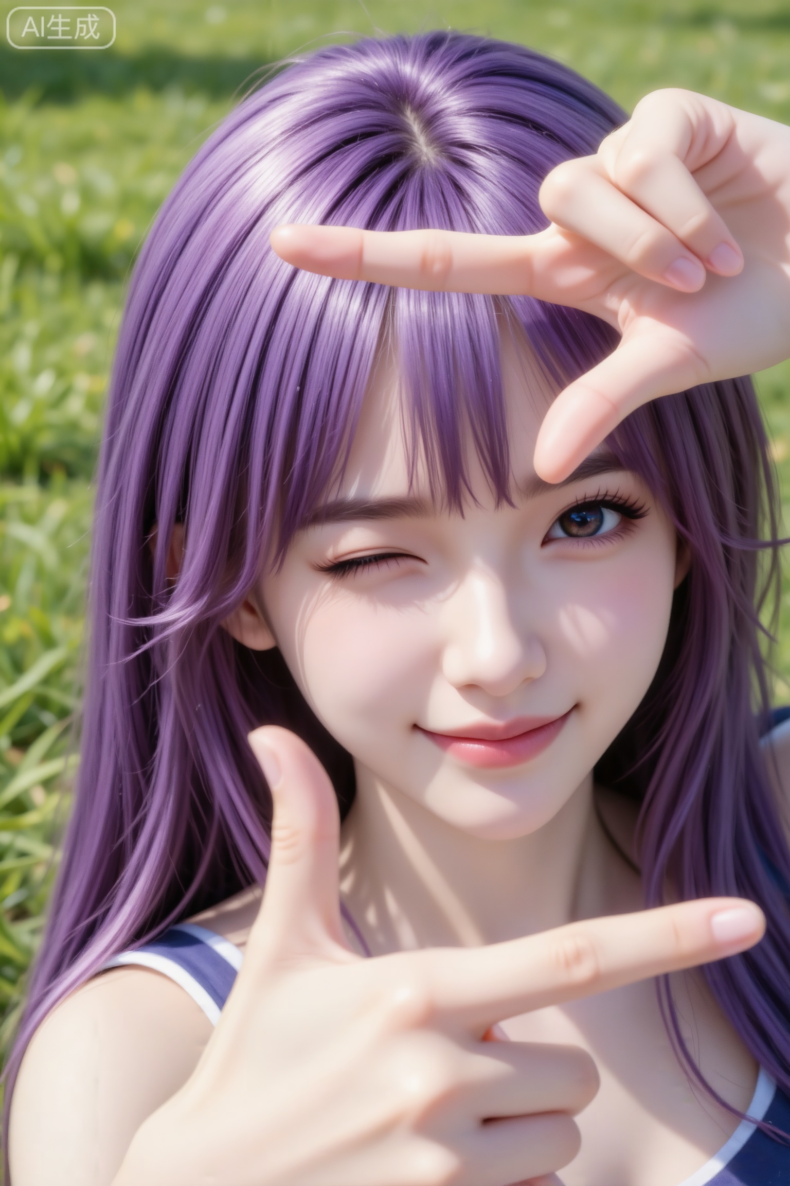 杰作级画质,顶级图像精度,超高清细节渲染,单人女性角色,（紫色亮丽的长发：1.4）,（比例优越的纤细长腿：1.3）,（肌肤白皙光滑的匀称美腿：1.4）,（挺拔饱满的D 罩杯曲线：1.4）,（精致立体的美颜五官：1.4）,美颜全开,光滑油亮的皮肤,水嫩的肌肤,一个女孩,紫色头发,
成人cos,主体是一位和图片头发同色的可爱少女,图二美女脸发型换到图一,眼神朦胧中带着危险与眷恋,无高光处理,散发着阳光开朗的气质。有一种少女感,眼睛颜色和原图一致,画面重点突出其面部细节,采用中心构图,特写俯拍其面部和肩部。身穿与原图一致的衣服,营造出充满占有欲的氛围。拍照姿势、表情和角度,可以从以下几个维度展开： • 手部动作：双手在镜头前比出创意性的多指张开姿势,个性化的“框景手势”,既活泼又有画面层次。 • 肢体状态：以近距离自拍的视角呈现,身体姿态放松且有张力,通过手势的延伸感拉近与观者的距离。 • 面部呈现俏皮的单侧眨眼（ wink ）,搭配带点小微笑,增添了潮流感,整体表情风格元气又带点小酷的少年感,情绪传递活泼且有亲和力。 • 采用自拍式的平视近景角度,画面聚焦于上半身,光线是明亮的自然光,营造出清新又有活力的纪实风格,仿佛是随手记录的生活瞬间,真实感与时尚感兼具。 真人cos,脸不白,不要特别白,自然光,背景在草地,与原图一致