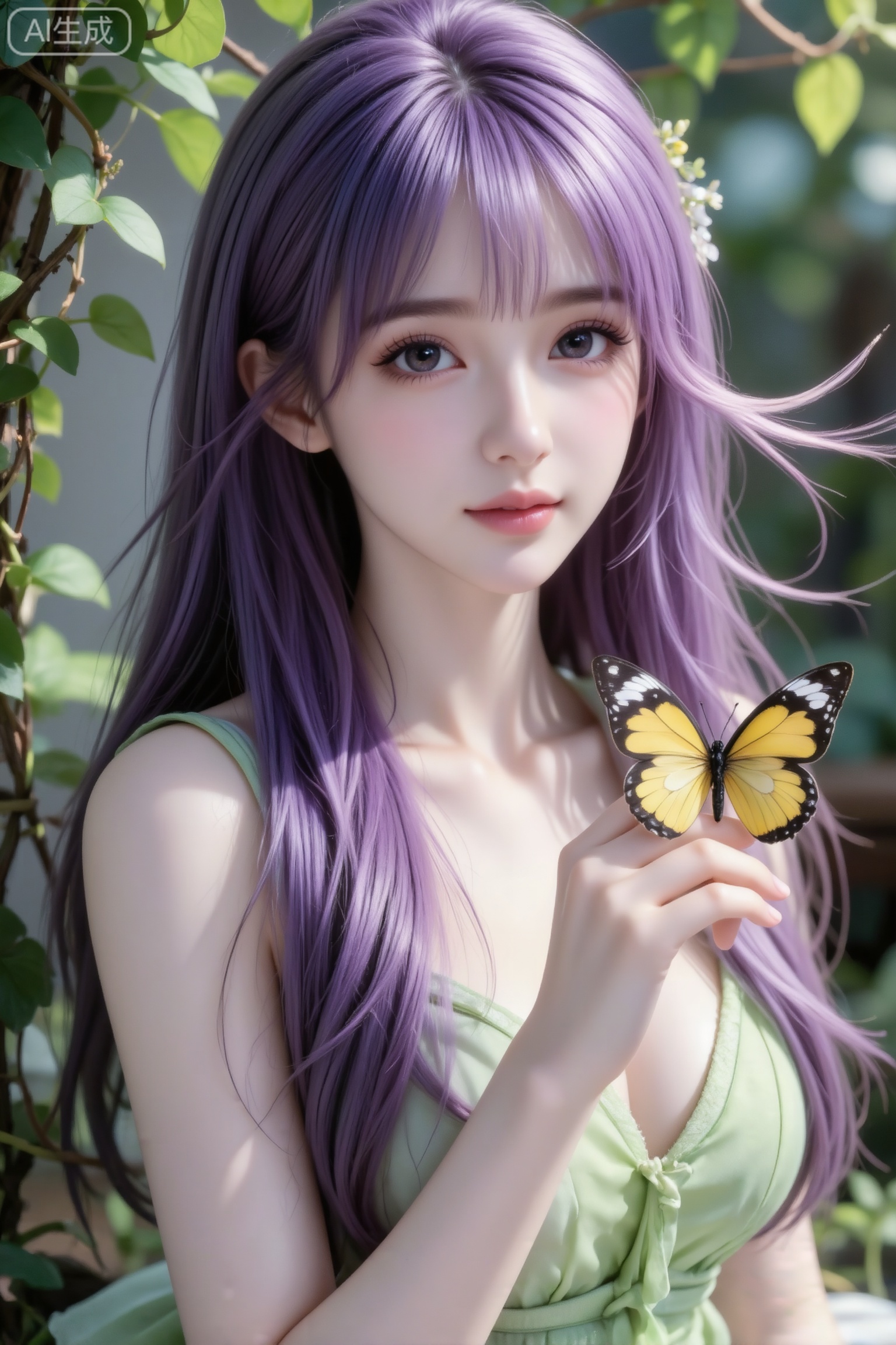 杰作级画质,顶级图像精度,超高清细节渲染,单人女性角色,（紫色亮丽的长发：1.4）,（比例优越的纤细长腿：1.3）,（肌肤白皙光滑的匀称美腿：1.4）,（挺拔饱满的D 罩杯曲线：1.4）,（精致立体的美颜五官：1.4）,美颜全开,光滑油亮的皮肤,水嫩的肌肤,一个女孩,紫色头发,田蜜,
真实摄影,（电影级面光：1.6）,（光线追踪：1.5）,（冷白皮漫感质感的光滑皮肤：1.7）,（人物有最好的骨相：1.2）,（网感脸：1.6）,身材完美,莫兰迪配色,高颜值网红,INS风,幼态脸,19岁女生尖下巴,三庭五眼比例均衡,身材娇小,细腻陶瓷水嫩肌肤,偏冷白皮,随机的妆容,随机的饰品,随机的动作,侧光,发丝轻飘,凌乱,随机角度拍摄,总体有很多的不确定性,但又好看, 风格甜美少女系,氛围慵懒俏皮,东方美女年轻娇小,冷白皮气质美女,薇薇纯欲风,皮肤白皙,偶像气质,fairskin,气质的江南美女子,有点甜美,皮肤美白透亮,表情可爱,甜美氛围,细腻笔触,独特韵味的美,可爱表情,正面照,近景人物上半身特写,身穿浅绿色连衣裙,手指轻托一只黄黑相间的蝴蝶,背景是布满绿色藤蔓、枝叶的森系场景,光线柔和,梦幻,森系,自然,童话感,