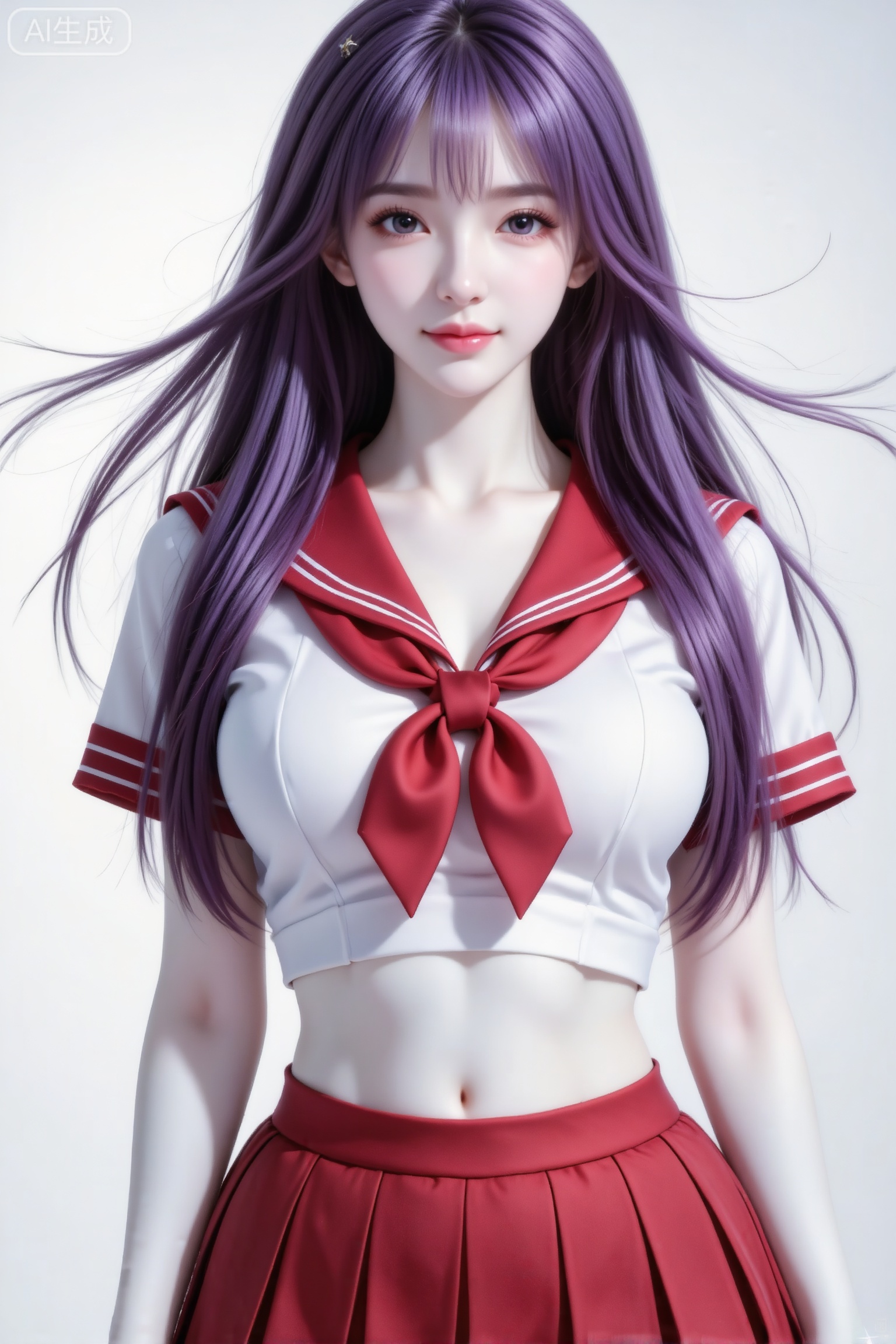 杰作级画质,顶级图像精度,超高清细节渲染,单人女性角色,（紫色亮丽的长发：1.4）,（比例优越的纤细长腿：1.3）,（肌肤白皙光滑的匀称美腿：1.4）,（挺拔饱满的D 罩杯曲线：1.4）,（精致立体的美颜五官：1.4）,美颜全开,光滑油亮的皮肤,水嫩的肌肤,一个女孩,紫色头发,田蜜,
（电影级面光：1.6）,（光线追踪：1.5）,（冷白皮漫感质感的光滑皮肤：1.7）,（人物有最好的骨相：1.2）,（网感脸：1.6）,身材完美,莫兰迪配色,高颜值网红,INS风,幼态脸,19岁女生尖下巴,三庭五眼比例均衡,身材娇小,细腻陶瓷水嫩肌肤,偏冷白皮,随机的妆容,随机的饰品,随机的动作,侧光,发丝轻飘,凌乱,随机角度拍摄,总体有很多的不确定性,但又好看, 风格甜美少女系,氛围慵懒俏皮,东方美女,黑长直,年轻娇小,发丝呈现出自然的蓬松感与垂坠感,长发散落于肩头两侧,几缕发丝拂面,冷白皮气质美女,薇薇纯欲风,皮肤白皙,偶像气质,fairskin,气质的江南美女子,有点甜美,皮肤美白透亮,表情可爱,甜美氛围,细腻笔触,独特韵味的美,可爱表情,穿着红色水手服JK制服套装,红白配色的水手领上衣,搭配红色百褶裙,领口的红色蝴蝶结是标志性装饰,学院风与节日氛围,傲人身材,D cup,美颜全开,光滑雪白水嫩的皮肤