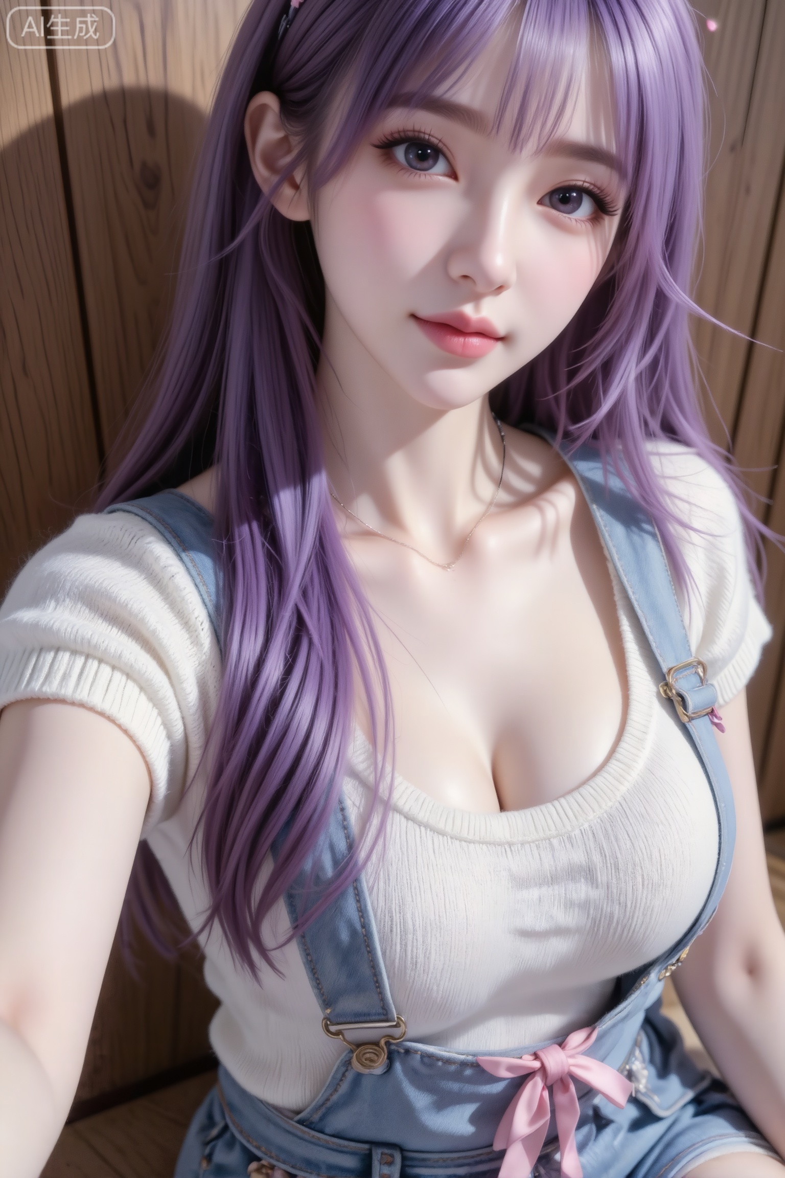 杰作级画质,顶级图像精度,超高清细节渲染,单人女性角色,（紫色亮丽的长发：1.4）,（比例优越的纤细长腿：1.3）,（肌肤白皙光滑的匀称美腿：1.4）,（挺拔饱满的D 罩杯曲线：1.4）,（精致立体的美颜五官：1.4）,美颜全开,光滑油亮的皮肤,水嫩的肌肤,一个女孩,紫色头发,田蜜,
白色针织短袖上衣,浅蓝牛仔背带裤配粉色丝带装饰,细项链带小吊坠,木质纹理背景墙,自拍视角,柔和室内光,高清写实,面部细节清晰,（电影级面光：1.6）,（光线追踪：1.5）,（冷白皮漫感质感的光滑皮肤：1.7）,（人物有最好的骨相：1.2）,（网感脸：1.6）,（网感妆：1.6）身材完美,莫兰迪配色,高颜值网红,INS风,幼态脸,19岁女生尖下巴,三庭五眼比例均衡,身材娇小,细腻陶瓷水嫩肌肤,偏冷白皮,随机的妆容,随机的饰品,随机的动作,侧光,发丝轻飘,凌乱,随机角度拍摄,总体有很多的不确定性,但又好看, 风格甜美少女系,氛围慵懒俏皮,东方美女,年轻娇小,冷白皮气质美女,纯欲风,皮肤白皙,偶像气质,fairskin,气质的江南美女子,有点甜美,皮肤美白透亮,表情可爱,甜美氛围,细腻笔触,独特韵味的美,傲人身材,D cup,美颜全开,光滑雪白水嫩的皮肤