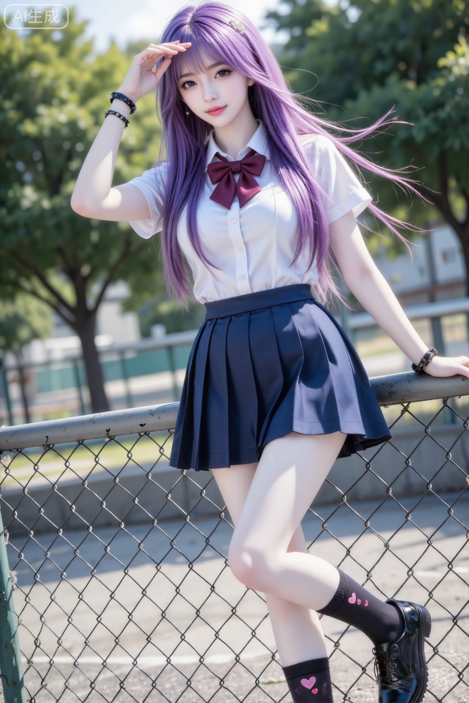 杰作级画质,顶级图像精度,超高清细节渲染,单人女性角色,（紫色亮丽的长发：1.4）,（比例优越的纤细长腿：1.3）,（肌肤白皙光滑的匀称美腿：1.4）,（挺拔饱满的D 罩杯曲线：1.4）,（精致立体的美颜五官：1.4）,美颜全开,光滑油亮的皮肤,水嫩的肌肤,一个女孩,紫色头发,
真实摄影,亚洲美少女,穿着白色短袖衬衫（配酒红色领结）、藏蓝色百褶裙,搭配黑色中筒袜（带小爱心图案）黑色皮鞋,手腕戴黑色手链；倚靠在铁丝网上,一手抬至额前,背景是绿树、铁丝网与户外场景,整体风格日系校园风,充满青春活力与夏日的氛围美感,倾斜构图,薇薇容颜绝美,正面照,超清晰画质,妆造精致,饰品精巧,可爱妆造,温柔大方,五官精致,面部清晰,（电影级面光：1.6）,（光线追踪：1.5）,（冷白皮漫感质感的光滑皮肤：1.7）,（人物有最好的骨相：1.2）,（网感脸：1.6）,身材完美,莫兰迪配色,高颜值网红,INS风,幼态脸,19岁女生尖下巴,三庭五眼比例均衡,身材娇小,细腻陶瓷水嫩肌肤,偏冷白皮,随机的妆容,随机的饰品,随机的动作,侧光,发丝轻飘,凌乱,随机角度拍摄,总体有很多的不确定性,但又好看, 风格甜美少女系,氛围慵懒俏皮,东方美女,紫长直,年轻娇小,发丝呈现出自然的蓬松感与垂坠感,长发散落于肩头两侧,几缕发丝拂面,冷白皮气质美女,薇薇纯欲风,皮肤白皙,偶像气质,fairskin,气质的江南美女子,有点甜美,皮肤美白透亮,表情可爱,甜美氛围,细腻笔触,独特韵味的美,可爱表情,傲人身材,D cup,美颜全开
