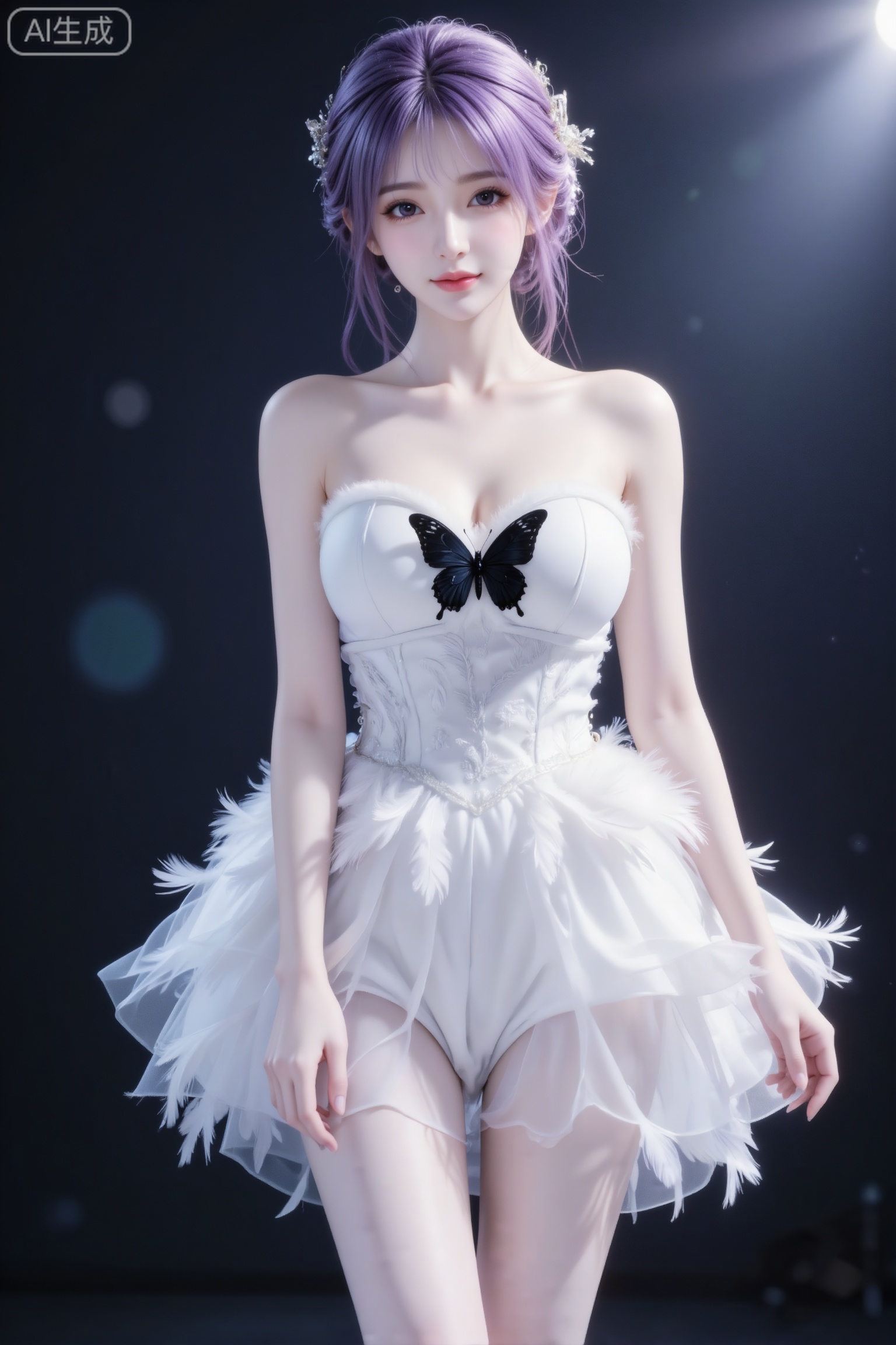 杰作级画质,顶级图像精度,超高清细节渲染,单人女性角色,（紫色亮丽的长发：1.4）,（比例优越的纤细长腿：1.3）,（肌肤白皙光滑的匀称美腿：1.4）,（挺拔饱满的D 罩杯曲线：1.4）,（精致立体的美颜五官：1.4）,美颜全开,光滑油亮的皮肤,水嫩的肌肤,一个女孩,紫色头发,田蜜,
（电影级面光：1.6）,（光线追踪：1.5）,（冷白皮漫感质感的光滑皮肤：1.7）,（人物有最好的骨相：1.2）,（网感脸：1.6）,身材完美,莫兰迪配色,高颜值网红,INS风,幼态脸,19岁女生尖下巴,三庭五眼比例均衡,身材娇小,细腻陶瓷水嫩肌肤,偏冷白皮,随机的妆容,随机的饰品,随机的动作,侧光,发丝轻飘,凌乱,随机角度拍摄,总体有很多的不确定性,但又好看, 风格甜美少女系,氛围慵懒俏皮,东方美女,年轻娇小,冷白皮气质美女,薇薇纯欲风,皮肤白皙,偶像气质,fairskin,气质的江南美女子,有点甜美,皮肤美白透亮,表情可爱,甜美氛围,细腻笔触,独特韵味的美,可爱表情,​优雅盘发,​几缕碎发自然垂落,​肌肤细腻,​淡红唇色穿着白色抹胸小礼服,​抹胸中央饰有一只黑色蝴蝶,​裙摆为羽毛状多层轻纱,​轻盈蓬松,​膝上长度,​收腰剪裁,​突显窈窕身姿,​甜美中带精致华丽感深色纯色背景,​左上方柔焦spotlight,​淡淡薄雾,​背景虚化光斑,​摄影棚感,​突出人物轮廓高端时尚杂志封面风,​优雅甜奢,傲人身材,D cup,美颜全开,光滑雪白水嫩的皮肤