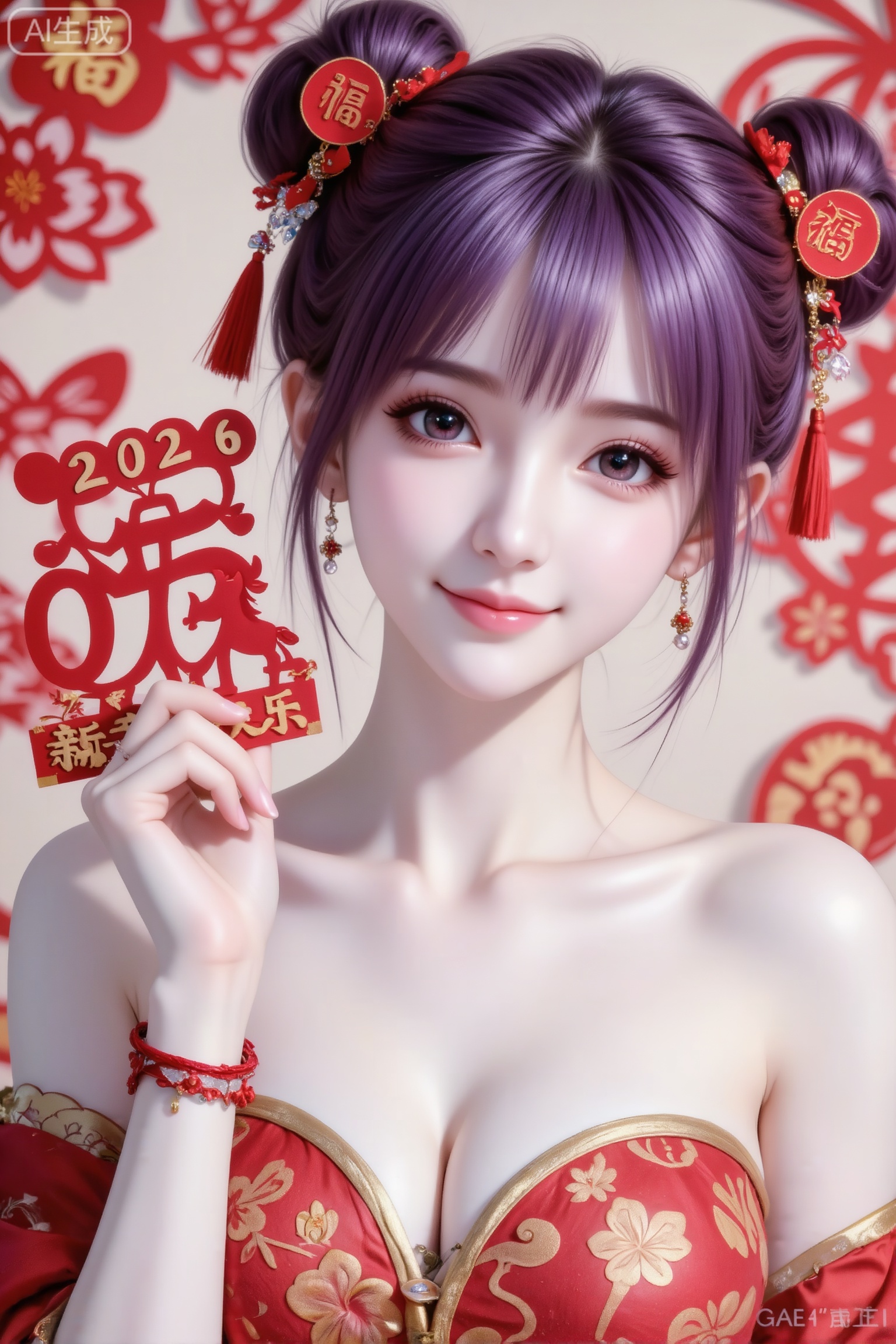 杰作级画质,顶级图像精度,超高清细节渲染,单人女性角色,（紫色亮丽的长发：1.4）,（比例优越的纤细长腿：1.3）,（肌肤白皙光滑的匀称美腿：1.4）,（挺拔饱满的D 罩杯曲线：1.4）,（精致立体的美颜五官：1.4）,美颜全开,光滑油亮的皮肤,水嫩的肌肤,一个女孩,紫色头发,田蜜,
强透视,镜头通透感,画面张力,写真风格,一个漂亮的女孩（🌸🌸）。鸭蛋脸型,皮肤白皙透亮,肤白胜雪,身材比例完美,手腕戴精致的红绳手链,女孩面容甜美,大眼睛清澈明亮,嘴角微微上扬,露出温柔甜美的笑容,紫色头发梳成双髻,佩戴红色剪纸小鸟、“福”字发饰,穿着红色带有金色云纹的中式服饰,手持“2026”“0”（带剪纸马、新春快乐字样）的装饰,背景为红色剪纸风格（有“福”字、花鸟等图案）,喜庆,中式传统,新年氛围,剪纸艺术。CCD拍摄风格,大师级摄影,极致细节,氛围感浓郁,空灵,时光凝固的感觉。色彩柔和饱满,带有浓郁的喜庆和节日氛围气息20岁绝美女网红,容颜绝美,冷白皮,纯欲风,干净利落新娘盘发,正面照,超清晰画质,妆造精致,饰品精巧,可爱妆造,细节完美,温柔大方,五官精致,面部清晰,户外背景,全景,容颜绝美,冷白皮,纯欲风,精致盘发,正面照,超清晰画质,妆造精致,饰品精巧,温柔大方,五官精致,面部清晰,（电影级面光：1.6）,（光线追踪：1.5）,（冷白皮漫感质感的光滑皮肤：1.7）,（人物有最好的骨相：1.2）,（网感脸：1.6）,身材完美,中国传统配色,高颜值网红,INS风,幼态脸,20岁女生尖下巴,三庭五眼比例均衡,身材娇小,细腻陶瓷水嫩肌肤,偏冷白皮,随机的动作,侧光,随机角度拍摄,总体有很多的不确定性,但又好看,风格甜美少女系,氛围慵懒俏皮,东方美女,年轻娇小,冷白皮气质美女,纯欲风,皮肤白皙,偶像气质,fairskin,气质的江南美女子,有点甜美,皮肤美白透亮,表情可爱,甜美氛围,细腻笔触,独特韵味的美,可爱表情, 傲人身材,D cup,美颜全开,光滑油亮的皮肤,水嫩的肌肤,
