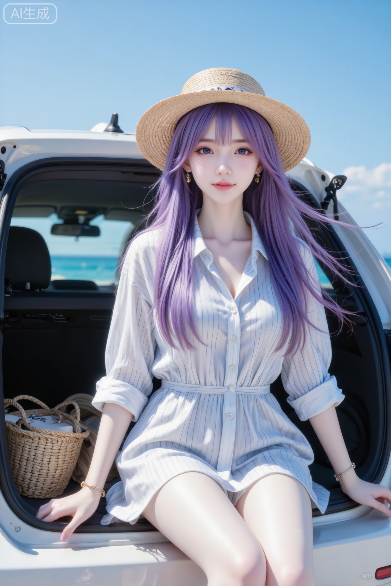 杰作级画质,顶级图像精度,超高清细节渲染,单人女性角色,（紫色亮丽的长发：1.4）,（比例优越的纤细长腿：1.3）,（肌肤白皙光滑的匀称美腿：1.4）,（挺拔饱满的D 罩杯曲线：1.4）,（精致立体的美颜五官：1.4）,美颜全开,光滑油亮的皮肤,水嫩的肌肤,一个女孩,紫色头发,
真实摄影,柒贰叁风格,（浅白条纹衬衫裙的松弛度假风搭配,海滨车后备箱+ 晴空氛围的轻氧休闲风空间,清柔慵懒时尚造型）；造型是长发配草编帽；坐后备箱舒展身姿,穿搭的垂坠肌理裹着日光泛出柔亮质感,宽松廓形衬出休闲线条,海滨的澄澈、晴空的明亮衬出治愈氛围,“浅白主调+ 草编配饰” 的设计显清柔亮眼,神态舒展带治愈松弛感。采用日光侧景中景拍摄,让海滨车后备箱、晴空氛围衬出轻氧休闲风氛围。日光勾出衬衫裙的垂坠细节与配饰的自然肌理,浅白与海滨蓝的搭配与场景融合出治愈张力,坐后备箱姿态与度假单品的适配形成记忆点,尽显清柔慵懒的轻氧休闲格调。风格为浅白条纹衬衫裙+ 海滨车后备箱晴空氛围场景的时尚风,中景构图,高颜值,19岁女生尖下巴,三庭五眼比例均衡,身材娇小,娇羞的表情,细腻陶瓷水嫩肌肤,偏冷白皮,随机的妆容,随机发型和颜色,随机的饰品,随机的动作,侧光,发丝轻飘,凌乱,随机角度拍摄,总体有很多的不确定性,但又好看,傲人身材,D cup,美颜全开,光滑油亮的皮肤,水嫩的肌肤,