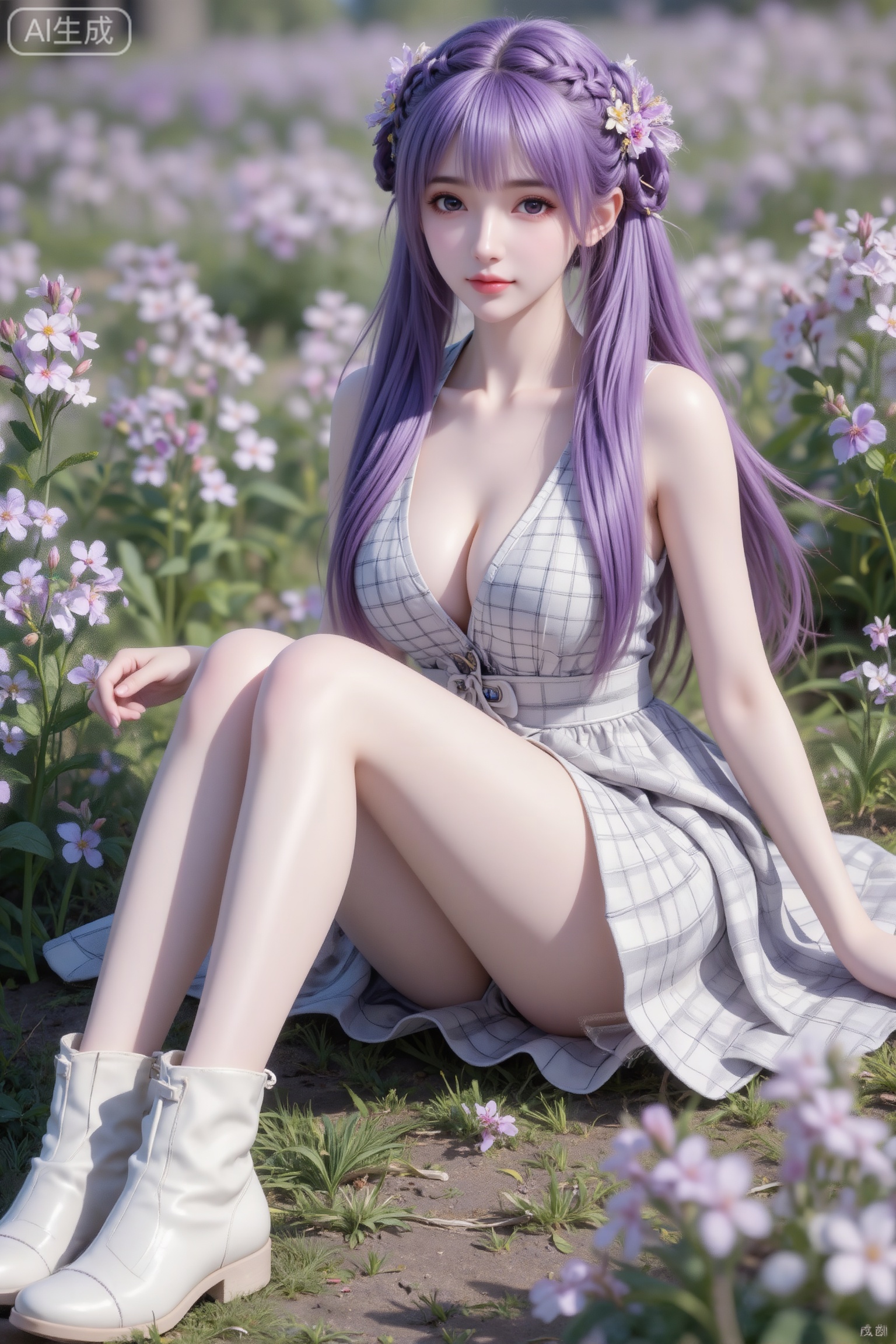 杰作级画质,顶级图像精度,超高清细节渲染,单人女性角色,（紫色亮丽的长发：1.4）,（比例优越的纤细长腿：1.3）,（肌肤白皙光滑的匀称美腿：1.4）,（挺拔饱满的D 罩杯曲线：1.4）,（精致立体的美颜五官：1.4）,美颜全开,光滑油亮的皮肤,水嫩的肌肤,一个女孩,紫色头发,田蜜,
（坐在一片全是的淡紫的小花花地花朵稀疏且朵朵美丽。古装发型之花式后搭型编发！中短散发形双马尾后搭式花式发型！微长式！浅灰白方格中长叠层裙子一层叠一层的,穿着一双白色的短靴携带式皮鞋。学生装。（电影级面光：1.6）,（光线追踪：1.5）,（冷白皮漫感质感的光滑皮肤：1.7）,（人物有最好的骨相：1.2）,（网感脸：1.6）,身材完美,莫兰迪配色,高颜值,19岁女生尖下巴,三庭五眼比例均衡,身材娇小,娇羞的表情,细腻陶瓷水嫩肌肤,偏冷白皮,随机的妆容,随机发型和颜色,随机的饰品,随机的动作,侧光,发丝轻飘,凌乱,随机角度拍摄,总体有很多的不确定性,但又好看,风格甜美少女系,氛围慵懒俏皮,东方美女,年轻娇小,冷白皮气质美女,纯欲风,皮肤白皙,偶像气质,fairskin,气质的江南美女子,有点甜美,皮肤美白透亮,表情可爱,甜美氛围,细腻笔触,独特韵味的美,傲人身材,D cup,美颜全开,光滑雪白水嫩的皮肤
