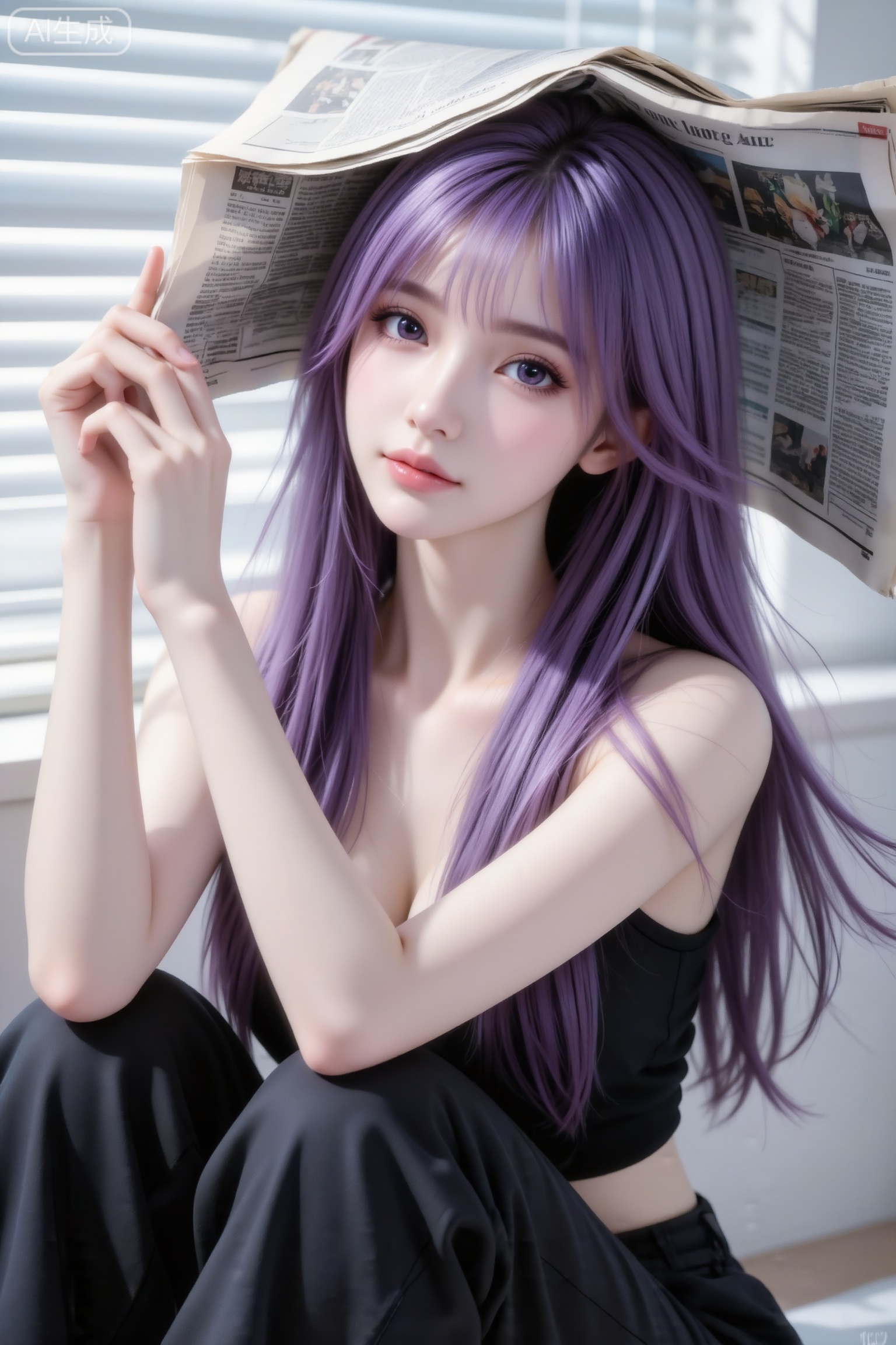 杰作级画质,顶级图像精度,超高清细节渲染,单人女性角色,（紫色亮丽的长发：1.4）,（比例优越的纤细长腿：1.3）,（肌肤白皙光滑的匀称美腿：1.4）,（挺拔饱满的D 罩杯曲线：1.4）,（精致立体的美颜五官：1.4）,美颜全开,光滑油亮的皮肤,水嫩的肌肤,一个女孩,紫色头发,田蜜,
真实摄影,头部特写,身穿黑色上衣、黑色阔腿裤,侧身双手举着报纸挡在头部前方,身处简约的室内环境（背景有百叶窗与浅色墙面）,整体风格简约、时尚,充满随性与都市的氛围感,（电影级面光：1.6）,（光线追踪：1.5）,（冷白皮漫感质感的光滑皮肤：1.7）,（人物有最好的骨相：1.2）,（网感脸：1.6）,（网感妆：1.6）身材完美,莫兰迪配色,高颜值网红,INS风,幼态脸,19岁女生尖下巴,三庭五眼比例均衡,身材娇小,细腻陶瓷水嫩肌肤,偏冷白皮,随机的妆容,随机的饰品,随机的动作,侧光,发丝轻飘,凌乱,随机角度拍摄,总体有很多的不确定性,但又好看, 风格甜美少女系,氛围慵懒俏皮,东方美女,发丝呈现出自然的蓬松感与垂坠感,长发散落于肩头两侧,几缕发丝拂面,冷白皮气质美女,纯欲风,皮肤白皙,偶像气质,fairskin,气质的江南美女子,有点甜美,皮肤美白透亮,表情可爱,甜美氛围,细腻笔触,独特韵味的美,可爱表情,傲人身材,D cup,美颜全开,光滑雪白水嫩的皮肤