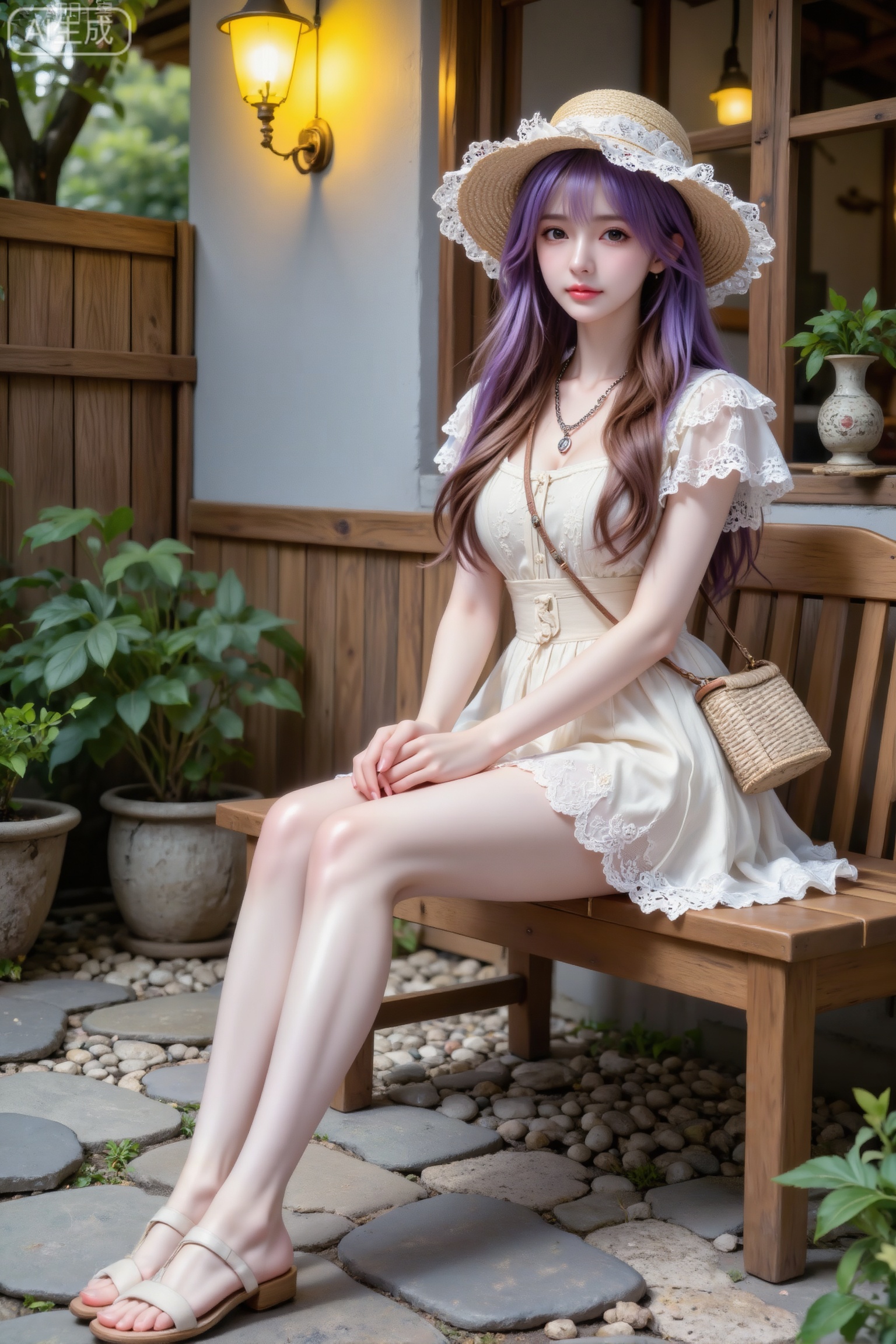 杰作级画质,顶级图像精度,超高清细节渲染,单人女性角色,（紫色亮丽的长发：1.4）,（比例优越的纤细长腿：1.3）,（肌肤白皙光滑的匀称美腿：1.4）,（挺拔饱满的D 罩杯曲线：1.4）,（精致立体的美颜五官：1.4）,美颜全开,光滑油亮的皮肤,水嫩的肌肤,一个女孩,紫色头发,田蜜,
在充满森系田园感的庭院场景中,一位19岁江浙美女,女子呈现出恬静悠然的姿态。她侧身坐在木质长椅上,身体微微向后放松,双手轻握并自然放于腿前,姿态与庭院氛围相融。她面容精致柔美,长发棕褐微卷,戴着带有蕾丝装饰的草编宽檐帽,看镜头,神情宁静,传递出享受庭院时光的惬意情绪。 她身着米白色的蕾丝拼接连衣裙（肩袖与裙摆处有精致的蕾丝花边装饰,短裙,领口为方领设计,腰间有收束剪裁,尽显柔美复古感）,搭配细链项链,斜挎着同色系的编织小包,整体穿搭清新田园,契合庭院的森系氛围；身材纤细匀称,大长腿,凉鞋,身姿舒展优雅。画面色调以柔和的米白色（连衣裙、帽子蕾丝）、自然的木色（长椅）、质朴的浅灰色（墙面）、清新的绿色（周围绿植）、暖黄的灯光色为主,融合庭院内柔和的自然光（营造出温润的光影层次,凸显蕾丝与木质的质感）,营造出清新、雅致且满是田园治愈感的视觉感受。背景中,石子与石板铺就的地面、木质墙面、悬挂的暖黄灯具、摆放的绿植与古朴摆件相互映衬,进一步强化了这种“森系庭院田园少女休憩”的场景感。 风格为写实清新的森系田园风,画质高清,着重呈现人物恬静的姿势、宁静的表情、连衣裙的细腻质感（蕾丝的精致、面料的垂坠、草编帽的自然）、精致的长相与纤细的身材,以及柔和色调与自然光影交织出的庭院田园氛围。傲人身材,D cup,美颜全开,光滑油亮的皮肤,水嫩的肌肤,
