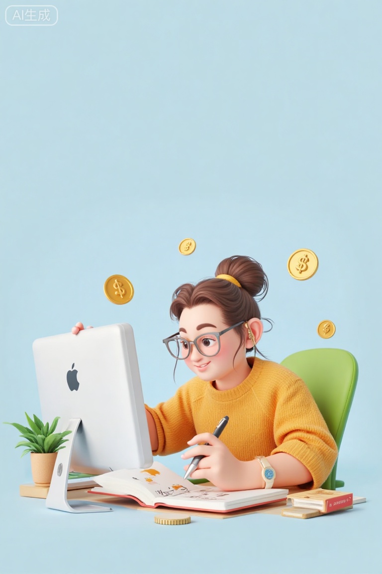 A female designer's image,sitting beside a computer,carefully making designs,with money coins flying around,expressing the meaning of working seriously on drawing and striving to earn money.,