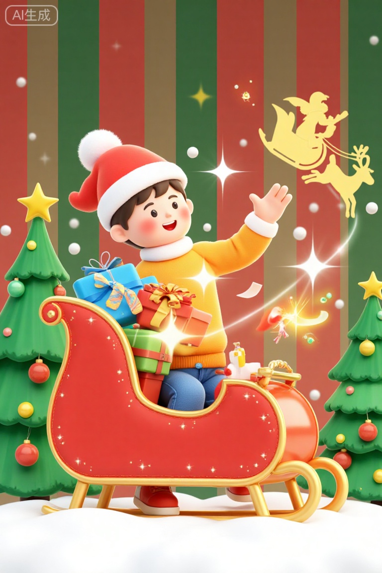 ultra high definition details,the image depicts a cheerful,cartoon-style scene set during christmas,a young boy wearing a red santa hat with white trim and a fluffy pom-pom sits in a red sleigh with golden accents,hes dressed in an orange sweater,blue jeans,and red shoes,his right hand is raised,emitting colorful sparkles,as if casting a magical spell,the sleigh is filled with brightly wrapped presents in various colors—blue,red,green,and yellow—each adorned with ribbons,the background features a festive red-and-green striped pattern with scattered white snowflakes,two decorated christmas trees flank the scene,glowing with warm yellow lights and adorned with ornaments,snow blankets the ground beneath the sleigh,in the upper right corner,a golden silhouette of santa claus riding a sleigh pulled by three reindeer adds to the holiday charm,a shining star crowns each tree,enhancing the magical atmosphere,the overall mood is joyful and whimsical,capturing the spirit of christmas,