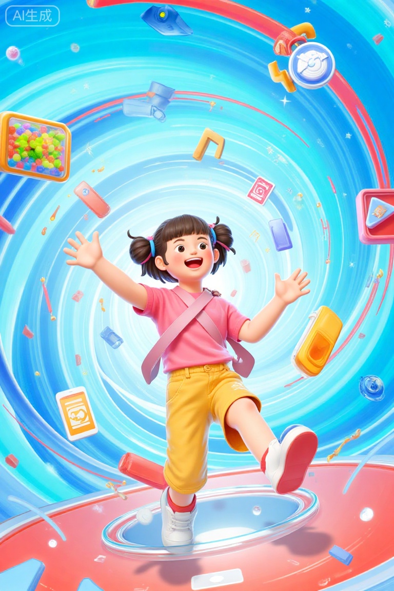 A dynamic and whirlwind-inspired e-commerce poster featuring a young girl at the center,stretching out her hand as if catching something. Her expression is a mix of excitement and wonder. The background is a swirling vortex of vibrant colors,with a variety of items like colorful clothing,gadgets,and accessories flying around in a chaotic yet visually pleasing manner. The girl is wearing a modern,stylish outfit with a pop of color that stands out against the swirling background. The composition creates a sense of movement and energy,with the items appearing to be drawn towards her outstretched hand. The color palette is bright and saturated,with a mix of cool and warm tones to enhance the dynamic feel. The overall style is whimsical and imaginative,perfect for capturing attention in an e-commerce campaign.,