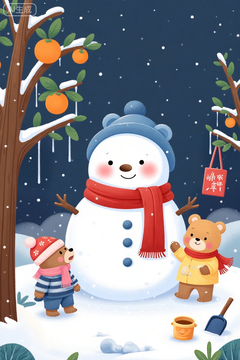A few cute little animals are playing in the snow. In the center of the picture is a big snowman, wearing a blue hat and a red scarf. His face is filled with a happy smile. He looks very simple and lovely. Next to the snowman stand two bears in thick winter clothes, one in red clothes and a pink scarf, the other in blue clothes and a blue scarf. They seem to be interacting with the snowman and are full of childlike interest,On the left side of the picture, there is a little bear wearing blue and white striped clothes and a red scarf. It is looking up at the tree full of fruits. The oranges on the tree look very bright against the snow. There is also a red blessing sign hanging on the tree, which reads "persimmon Ruyi", which means good meaning,In the lower right corner of the picture, there is a little bear wearing yellow clothes and a blue scarf. There is also a lovely Xiao *** beside it. They seem to be looking for something interesting in the snow. Some snow shovels and buckets are scattered on the ground, showing that the small animals are in the process of making a snowman,The background is a dark blue sky with little snowflakes falling. The whole scene is full of winter atmosphere. The colors in the picture are harmonious. Blue long upper shan,red long upper shan, yellow and other colors set off each other, making the picture lively and warm,