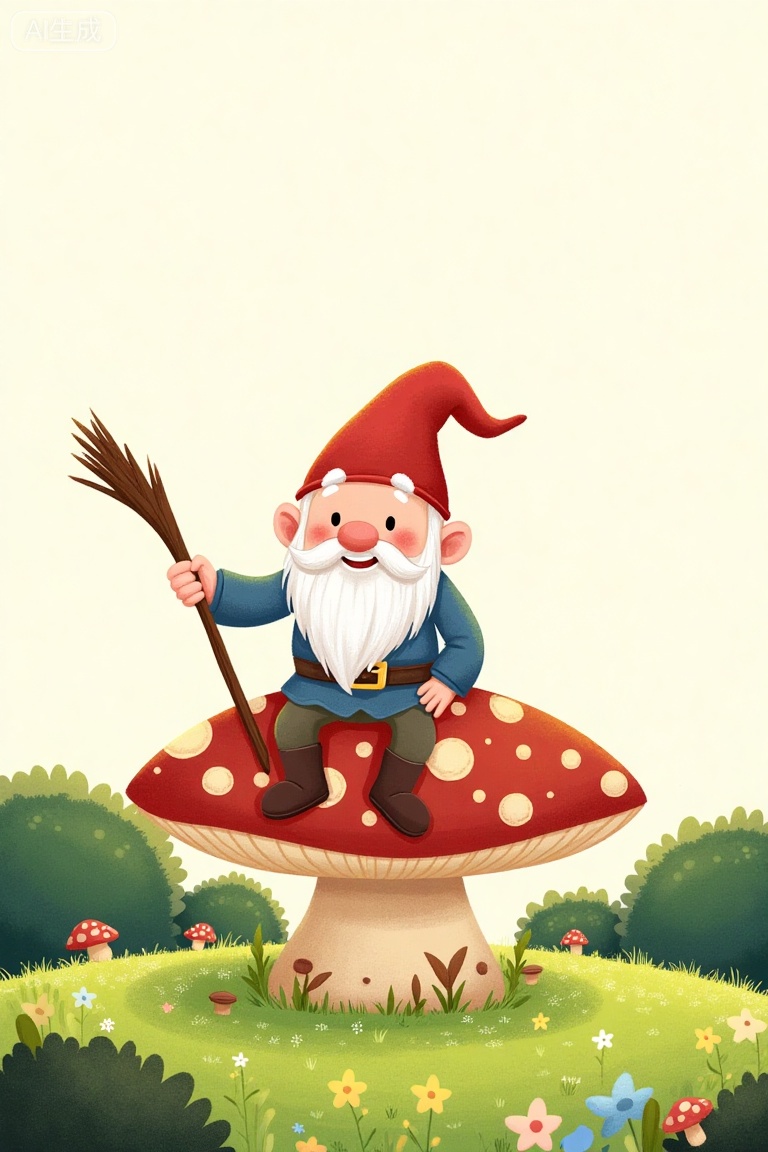 cartoon illustration of a gnome sitting on a mushroom with a stick,childrens book art,tom richmond illustration,childrenbook illustration