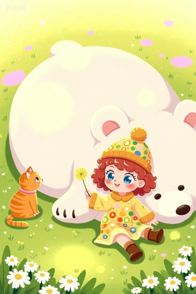 An outdoor scene on a grassy lawn. A young girl with reddish-brown curly hair, wearing a colorful knitted cap, a yellow dress with colorful circular patterns, brown boots, holding a dandelion in her hand. She is sitting on the grass, legs stretched out, body slightly leaning back, with a calm and satisfied expression. Behind the girl is a large white plush bear lying on the ground, its head resting on the girl's leg, eyes closed. To the left of the girl is an orange cat sitting on the grass, looking at the girl, with a pink collar around its neck. White dandelions and other small flowers are blooming on the green grass. The background has rich colors, with blurred yellow, pink, and purple patches, creating a dreamy atmosphere. The overall style is a warm illustrative style.