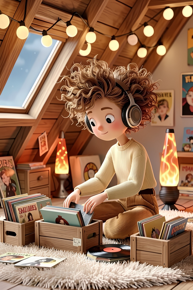 A 3D whimsical style illustration. A nostalgic,  groovy scene in a slanted-roof attic. A teenager with wild,  windblown cu...