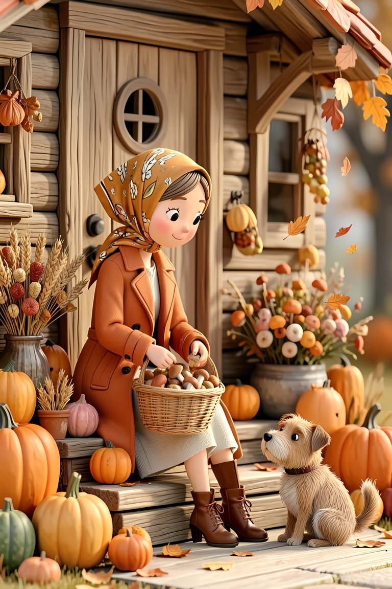 A 3D whimsical style illustration. A whimsical,  autumn-themed illustration of a woman with a silk headscarf sitting on th...
