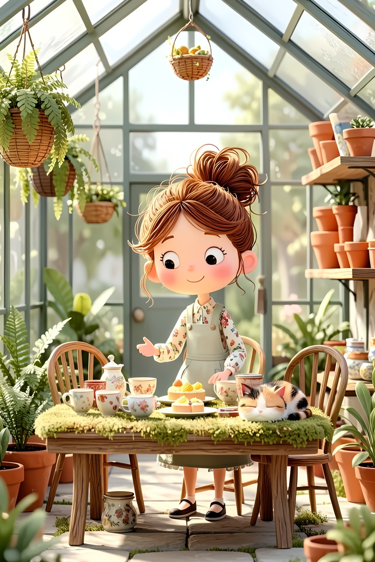 A 3D whimsical style illustration. A whimsical,  sun-dappled illustration of a young girl with frizzy auburn hair in a mes...