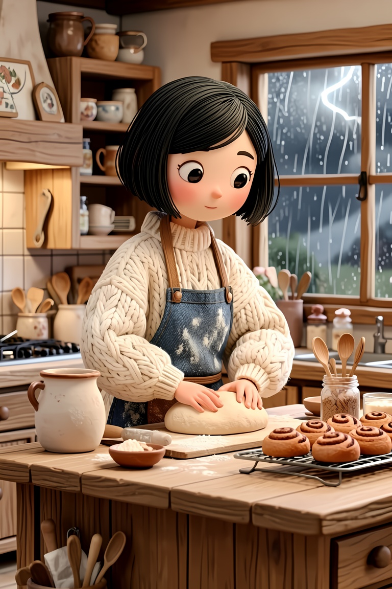 A 3D whimsical style illustration. A cozy,  warm scene in a rustic kitchen during a thunderstorm. A girl with a short blac...