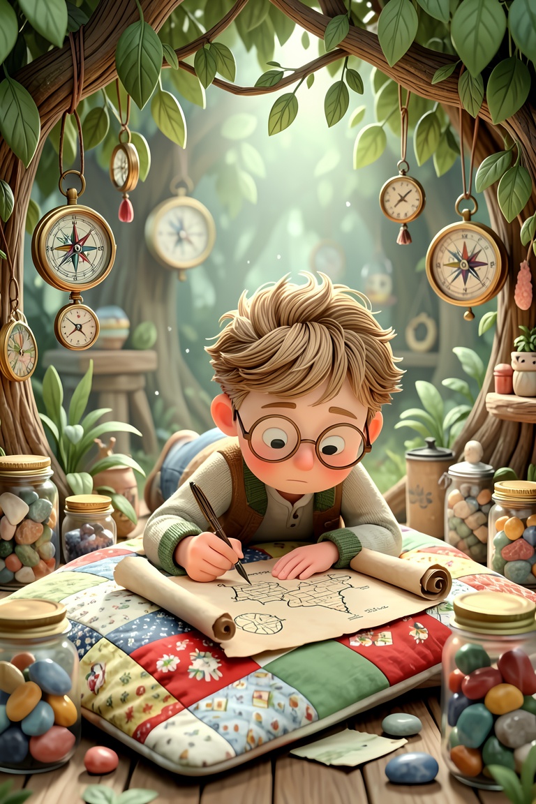 A 3D whimsical style illustration. A magical,  adventurous illustration inside a leafy treehouse sanctuary. A boy with tou...