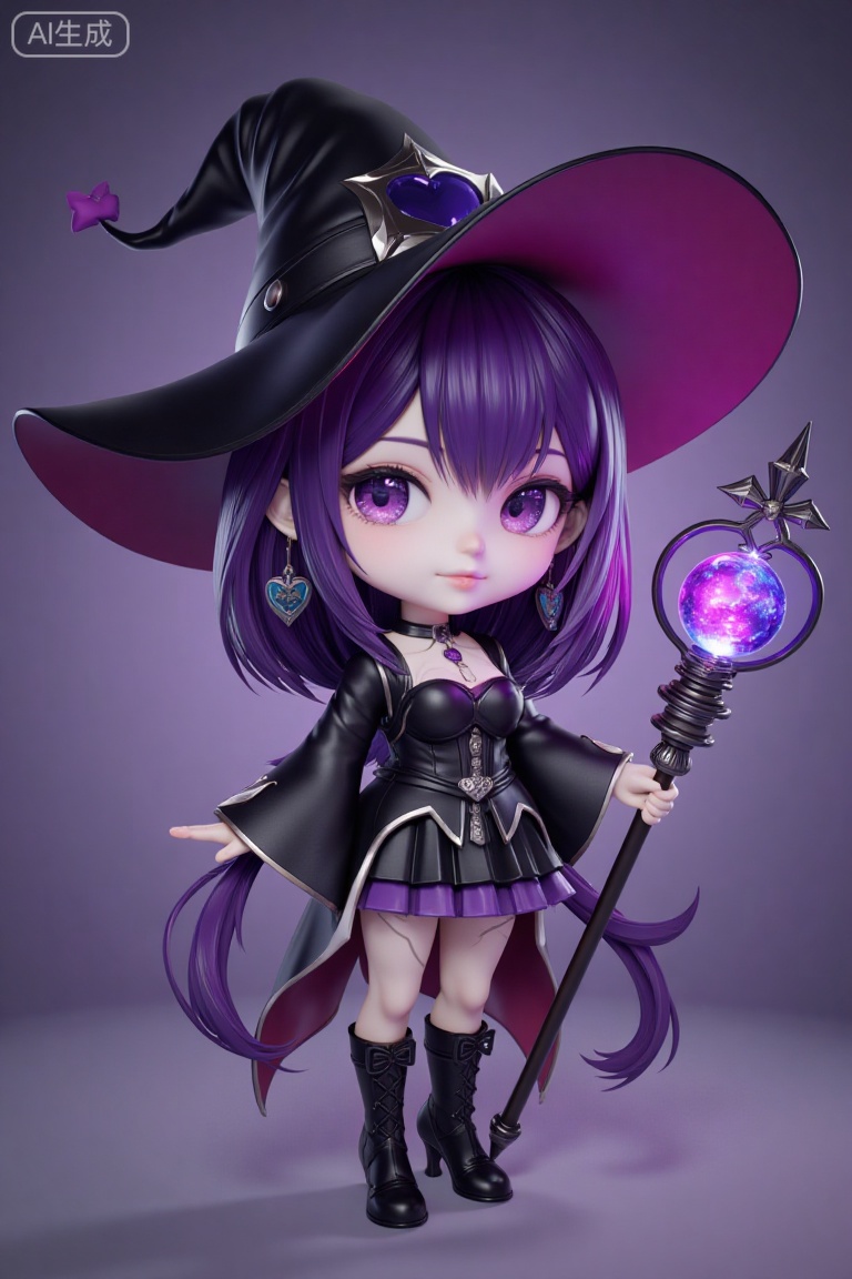 photo (medium), cgi, standing, 1girl, doll, chibi style, fantasy themed costume, witch outfit, purple hair, bright magenta, black witch hat, purple eyes, holding a staff in her right hand, staff has a blue magical orb at the top with a purple and pink glow, star shaped earrings, black and silver outfit, high heeled boots, heart shaped pendant, white skin
