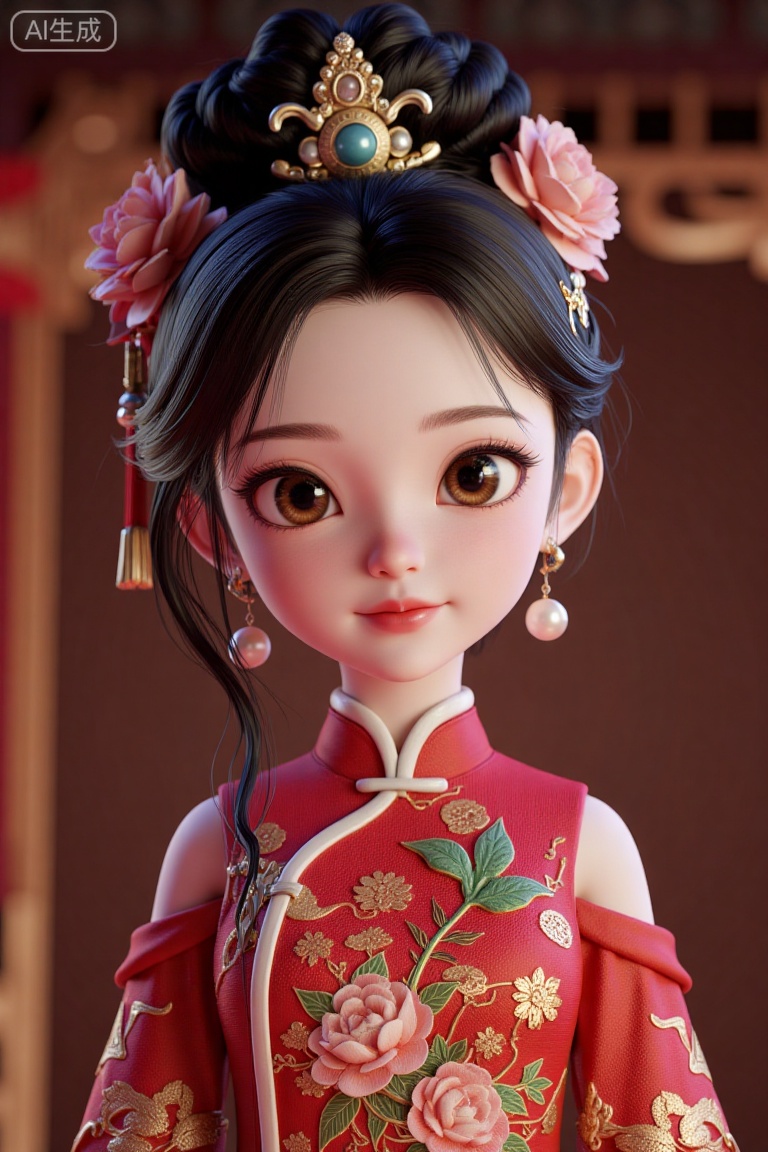 Qing princess,fo,Gilded with pearls,Gold thread embroidery,fo,Qing princess,This is a CGI rendering of a cute,stylized Asian girl in traditional Chinese attire. She has fair skin,large eyes,and wears a red cheongsam with intricate gold and green embroidery,pearl necklaces,and ornate hairpins. Her hair is styled in an elaborate updo with black hair and adorned with flowers and beads.,