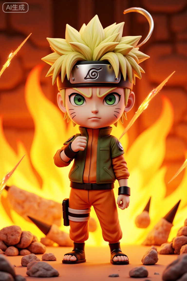 3d chibi style_CHLO,3d chibi style_CHLO,cute chibi,3d rendering,blind box style,pop mart,Pixar,A young boy with spiky golden-blond hair and piercing green eyes stands resolutely against a backdrop of roaring flames that engulf the space behind him. His expression is serious yet determined,with slightly parted lips and arched brows as he wears an olive-green jacket over an orange jumpsuit with black wristbands and sandals. A headband with a swirling white symbol rests atop his forehead,completing his iconic ninja attire. Sparks and embers float around him,contrasting with the warm golden light radiating from the fire. Scattered rocks litter the ground,adding to the dramatic atmosphere. The camera angle is frontal,emphasizing his heroic stance and the dynamic energy of the flames surging behind him. This character is Naruto Uzumaki from the Naruto series,depicted in a stylized chibi form.(masterpiece),ultra-detailed,best quality,8K,High-resolution,Extremely sharp detail without blurring,extremely intricate detail,extremely realistic,Award-winning artwork,HD32K,3d chibi style_CHLO,cute chibi,(masterpiece),ultra-detailed,best quality,8K,High-resolution,Extremely sharp detail without blurring,extremely intricate detail,extremely realistic,Award-winning artwork,HD32K,perfect face,perfect hands,perfect fingers,
