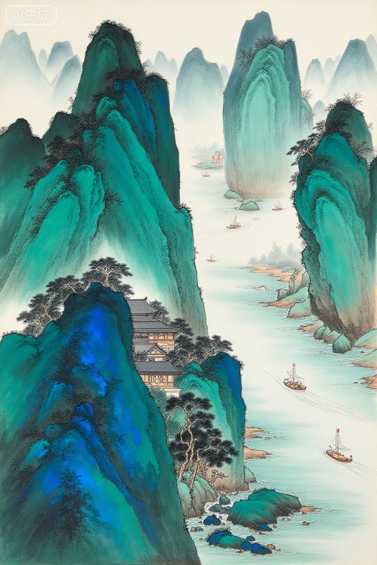 he Chinese paintings in the style of Wu Guanzhong,  with the ink-wash artistic conception (river valley with steep,  lush...