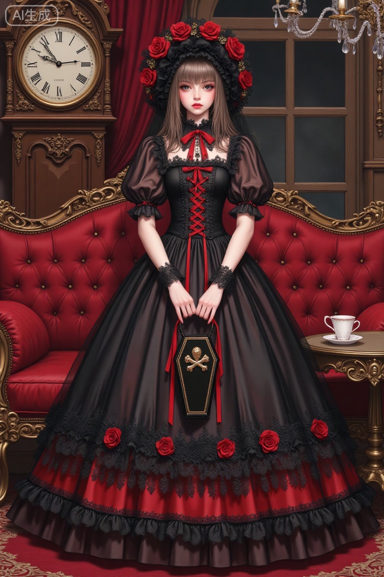 A Gothic Lolita fashion illustration showcasing a girl in a black and red dress with a full skirt made from layers of tull...