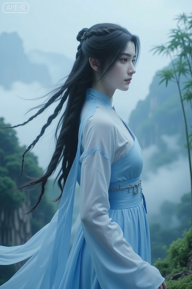 A cold and mysterious girl,black waist-length hair is soft and shiny,part of the hair is braided in loose twists on one side,and a few strands of hair are fluttering in the wind. Dressed in a light blue antique gauze,the wide sleeves are fluttering,the skirt is as light as a cloud,and the slender ankles are looming. The makeup is classical,with willow eyebrows and light pink lip makeup. The side face has beautiful lines and an indifferent expression,as if it has gone through the world,and the whole body exudes an ethereal and cold temperament. The side perspective shows the details of the girl's face,hairstyle and ancient costumes,highlighting the cold and mysterious feeling. The background is the bamboo forest in the mountains surrounded by clouds,which is quiet and quiet.,