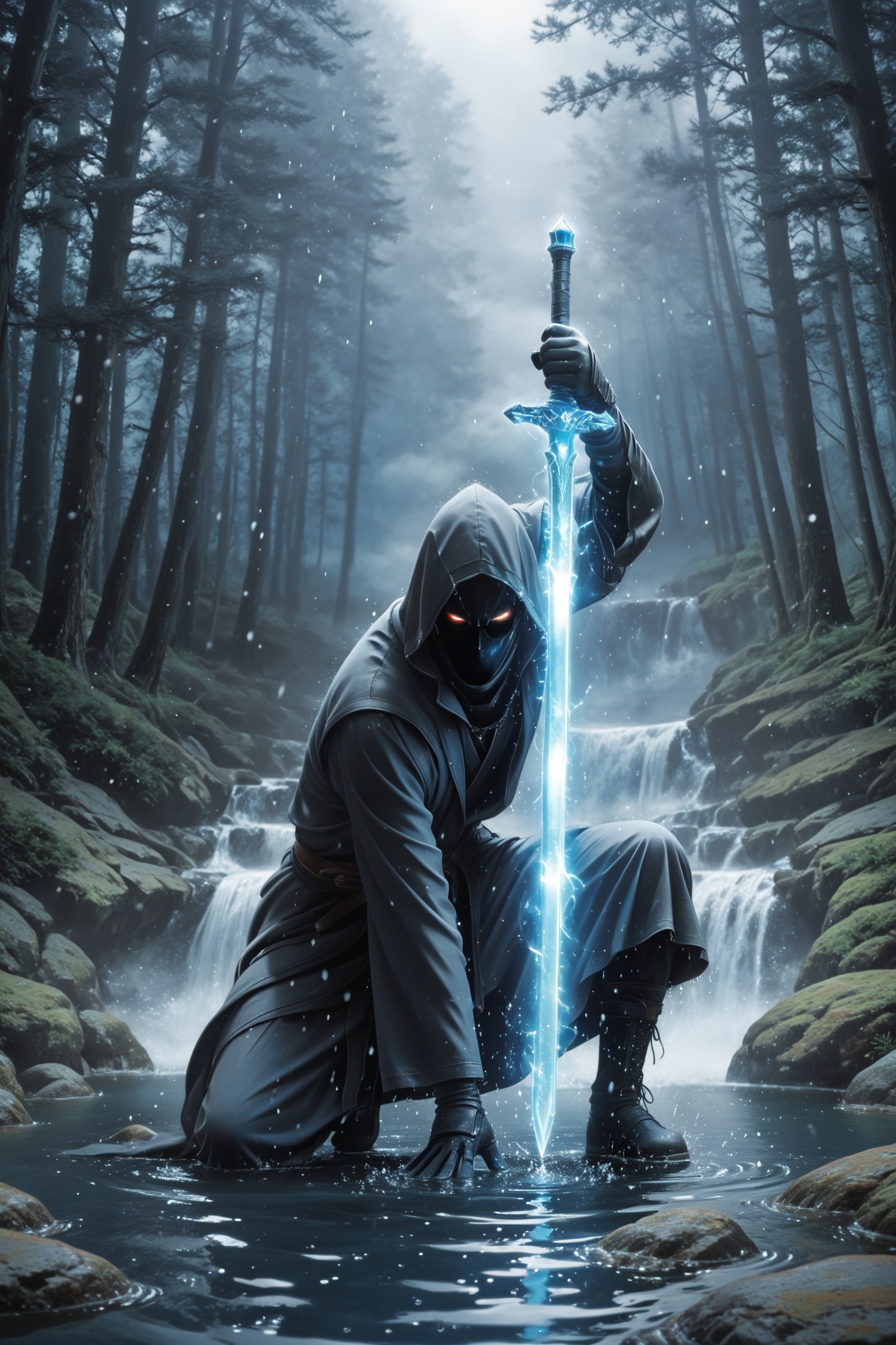 1 hooded figure,  dark flowing robe,  intricate ethereal patterns on Tensor.Art
