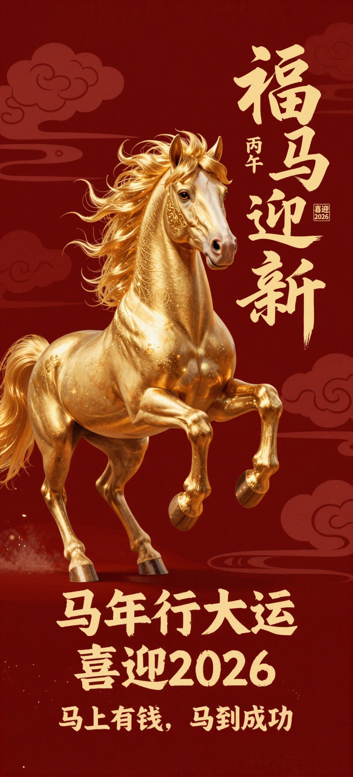 这是一幅喜庆热烈的2026 马年新春插画,  主色调为浓郁中国红,  背景饰有飘逸祥云纹样 on Tensor.Art
