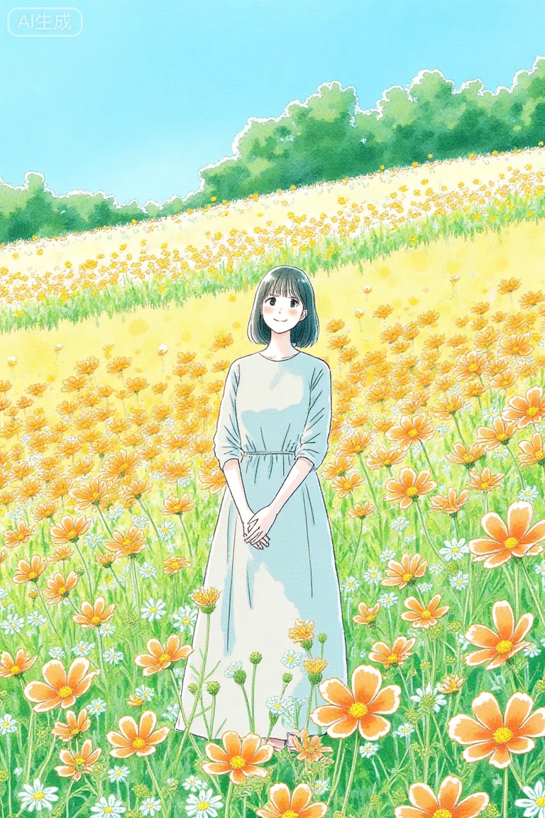 yydlds,watercolor illustration,a woman standing in a vibrant field of blooming cosmos flowers. The flowers are predominantly orange with a few yellow and white ones scattered throughout,creating a vivid contrast against the lush green foliage and the blue sky. The woman is of average height and has a slim build. She has straight,shoulder-length black hair with bangs that frame her face. She is wearing a light grey,long-sleeved,flowy dress that falls just above her ankles,with a simple,elegant design that complements her delicate features. Her expression is one of contentment and joy,and she is smiling softly. The background features a gentle slope of the field,with more flowers and greenery leading into a line of dark green trees at the top of the image. The sky is a clear,vibrant blue,enhancing the natural beauty of the scene. 