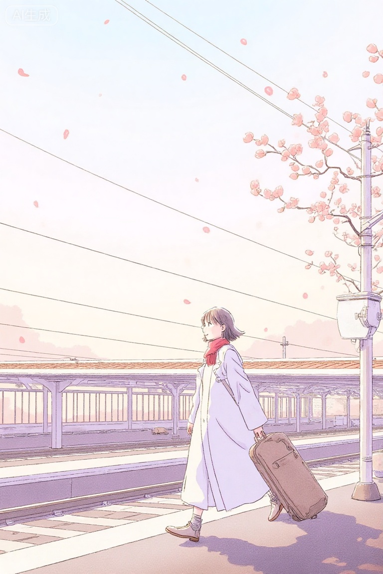Watercolor,panoramic view,brushstrokes,High-speed rail,A woman was on a business trip,carrying luggage,dressed in white,pastel colors mixed with pink and a faint purple. "Mid-aged Camellia Line Art Illustration",Zhongshi Camellia,High resolution and delicate textures,details,and high quality,