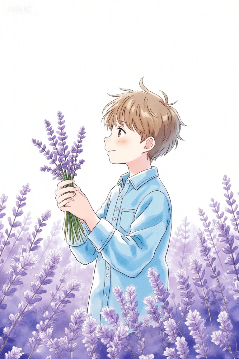Dreamy watercolor illustration, fresh and natural, bright and cheerful, with a youthful vitality, depicting a cartoon boy in a lavender field, the soft purple flower sea and the boy's light blue shirt create a gentle but bright contrast, sleeves rolled up revealing his forearms, holding a bunch of flower stems, composition clearly distinguishing the main and secondary elements.