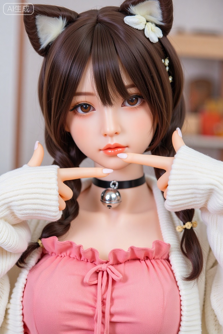 The inflatable doll in the photo has fair skin and long dark brown hair tied in small braids. She was wearing a pink frill...