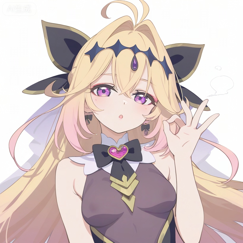 (artist:mika_pikazo:0.5),(artist:ningen_mame:0.8),(artist:ciloranko:0.5), (artist:ogipote:0.5),(artist:tianliang_duohe_fangdongye:0.7),(artist:wlop:0.9),(artist:jyt:0.9), minimalism,tidy,indoor,on bed,solo,steam,:o, 1girl, moria luluka,magical girl,ahoge,antenna hair,long hair,two-tone hair,purple eyes,blonde hair,multicolored hair,gradient hair,hair intakes,black bow,black bowtie,heart brooch,hair ribbon,hair ornament,hair bow,diamond hairband,jewelry, solo,medium_breasts, looking at viewer, ok sign, white background, upper body, simple background, blush,