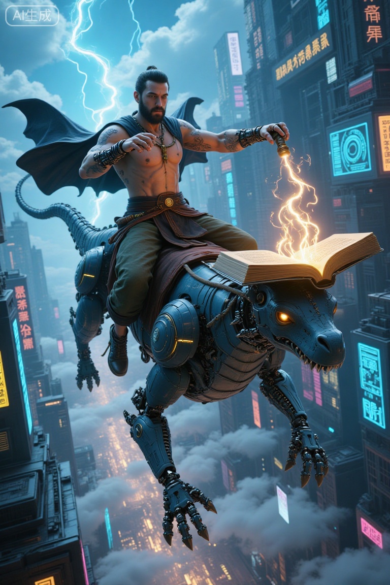 LoraFans, A CGI image of a muscular, shirtless man with a beard riding a robotic dragon, soaring through a futuristic cityscape with neon signs. He wields a staff, casting a spell from an open book. The scene is vibrant with blue and gold hues, blending traditional and sci-fi elements. 